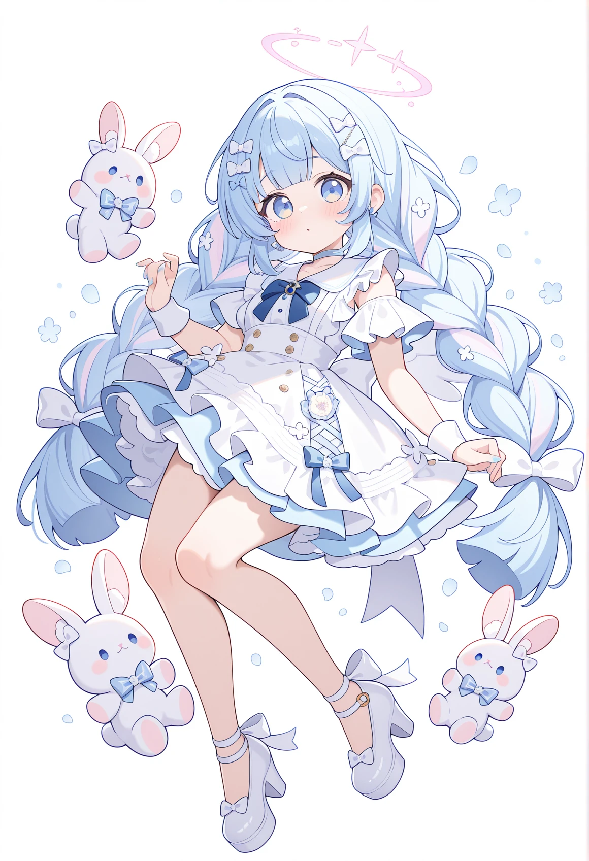 1girl,blue eyes,braid,halo,dress,long hair,solo,bow,stuffed toy,white background,hair ornament,blush,stuffed animal,blue hair,looking at viewer,full body,bangs,hair bow,frills,rabbit,twintails,ribbon,white bow,white footwear,simple background,high heels,very long hair,twin braids,jewelry,stuffed bunny,
pastel colors,CUTE2712,<lora:CUTE2712_Illustrious by Cyql.:1>,
perfect quality,high quality,masterpiece,best quality,amazing quality,very aesthetic,Cinematic Lighting,newest,Tactical use of shadow,