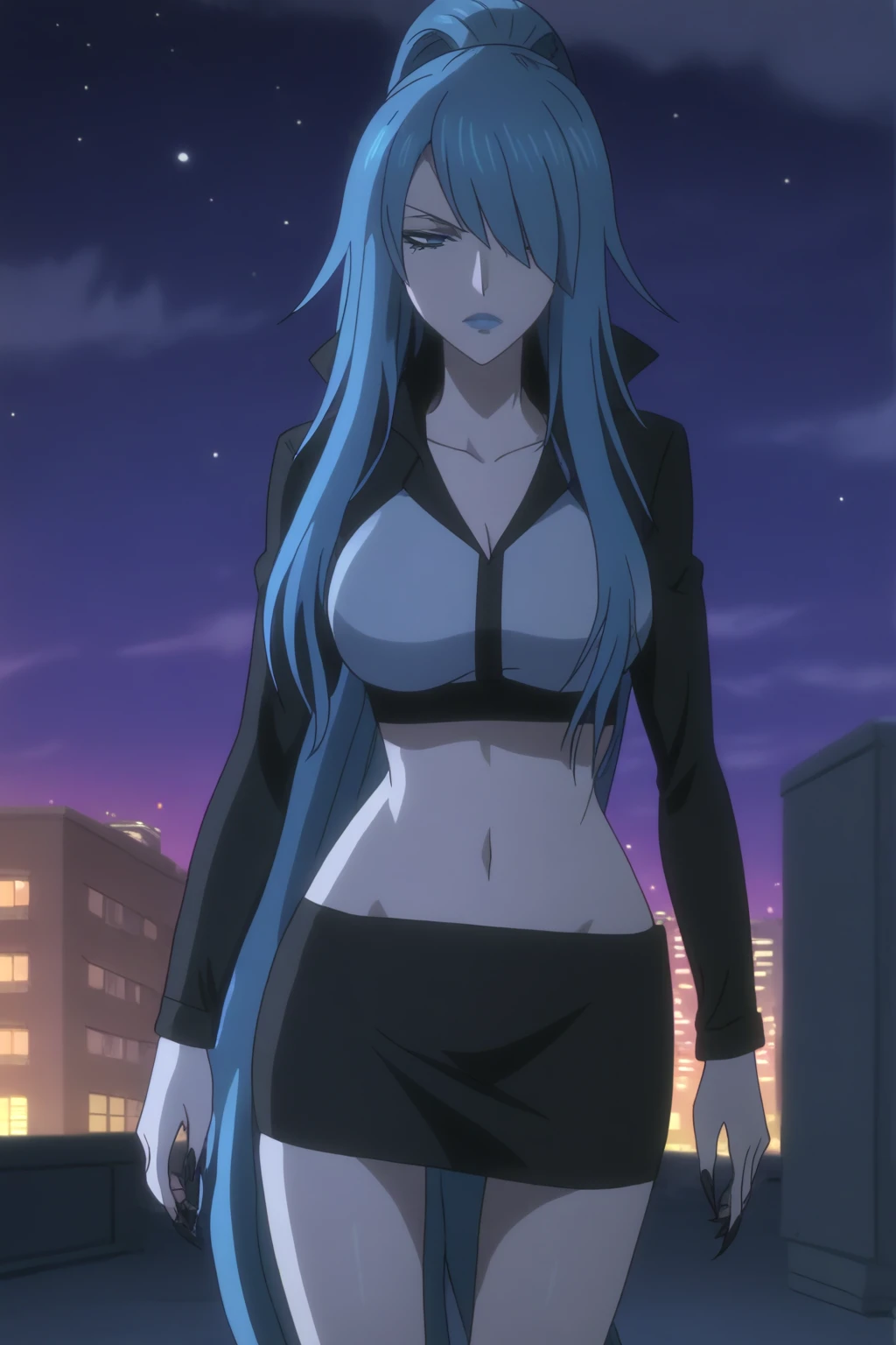 mari, anime screencap, blue hair, hair_over_one_eye, mini pencil skirt, crop top, long sleeves, night, lipstick, very long fingernails, solo  <lora:Commission-Noblesse-Mari-PDXL:1>