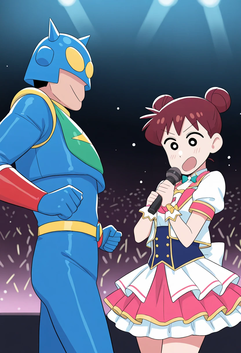 masterpiece, best quality, absurdres, highres, detailed background,
<lora:skurada_mimiko_crayon_shin-chan:1> 1girl, hair bun, brown hair, double bun, sakura mimiko, idol uniform, concert, holding microphone, 1boy, blue mask, action mask, blue bodysuit, holding instrument,