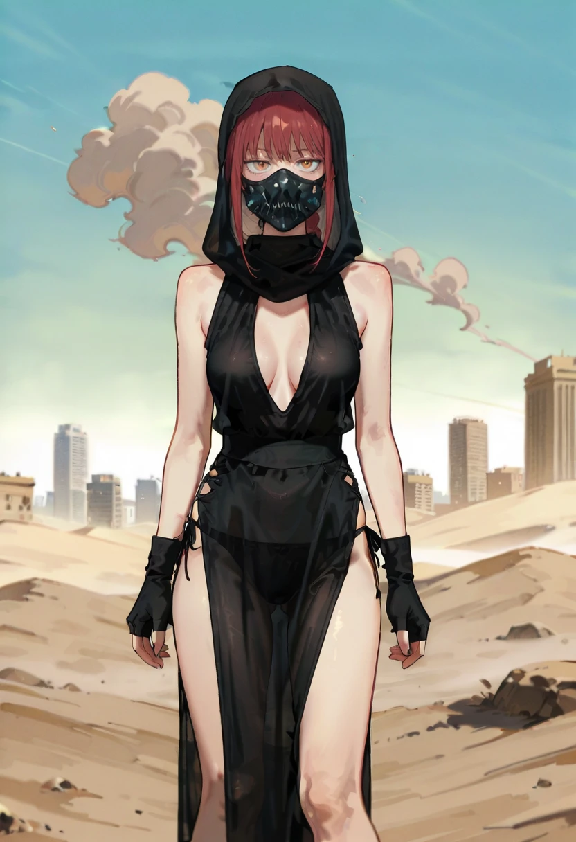 1girl,solo,looking at viewer, desert, dust storm, tsh dress, black dress, see-through, fingerless gloves, mask, pelvic curtain, hood, underwear, panties, makima_(chainsaw_man), annin musou,building,