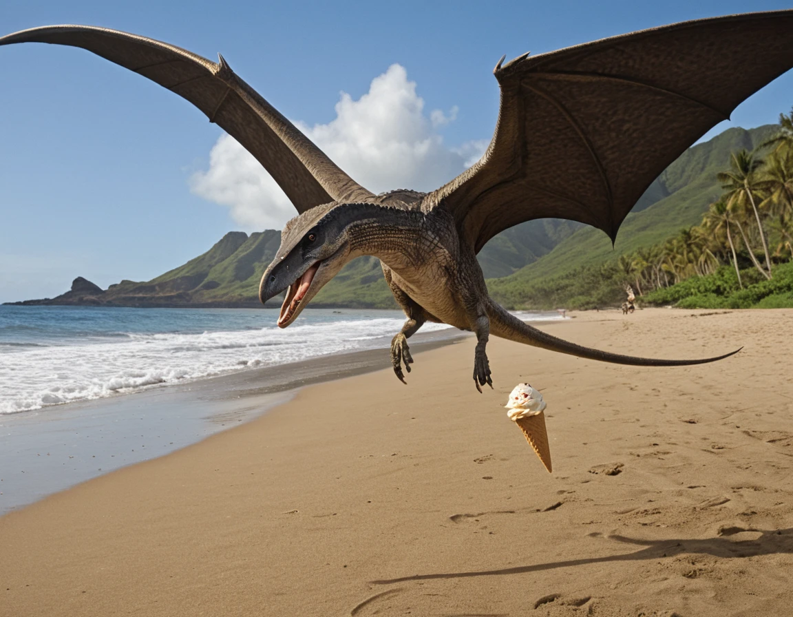 cinematic full shot of a pteranodon dinosaur flying low over a beach with an ice cream cone in its beak. It has a crest on its head, long leathery wings and no tail. An angry man in a hawaii shirt and shirts is running after it, photorealistic, sharp focus, very detailed skin texture <lora:Dinosaur_Practical_Effects-000004:1>