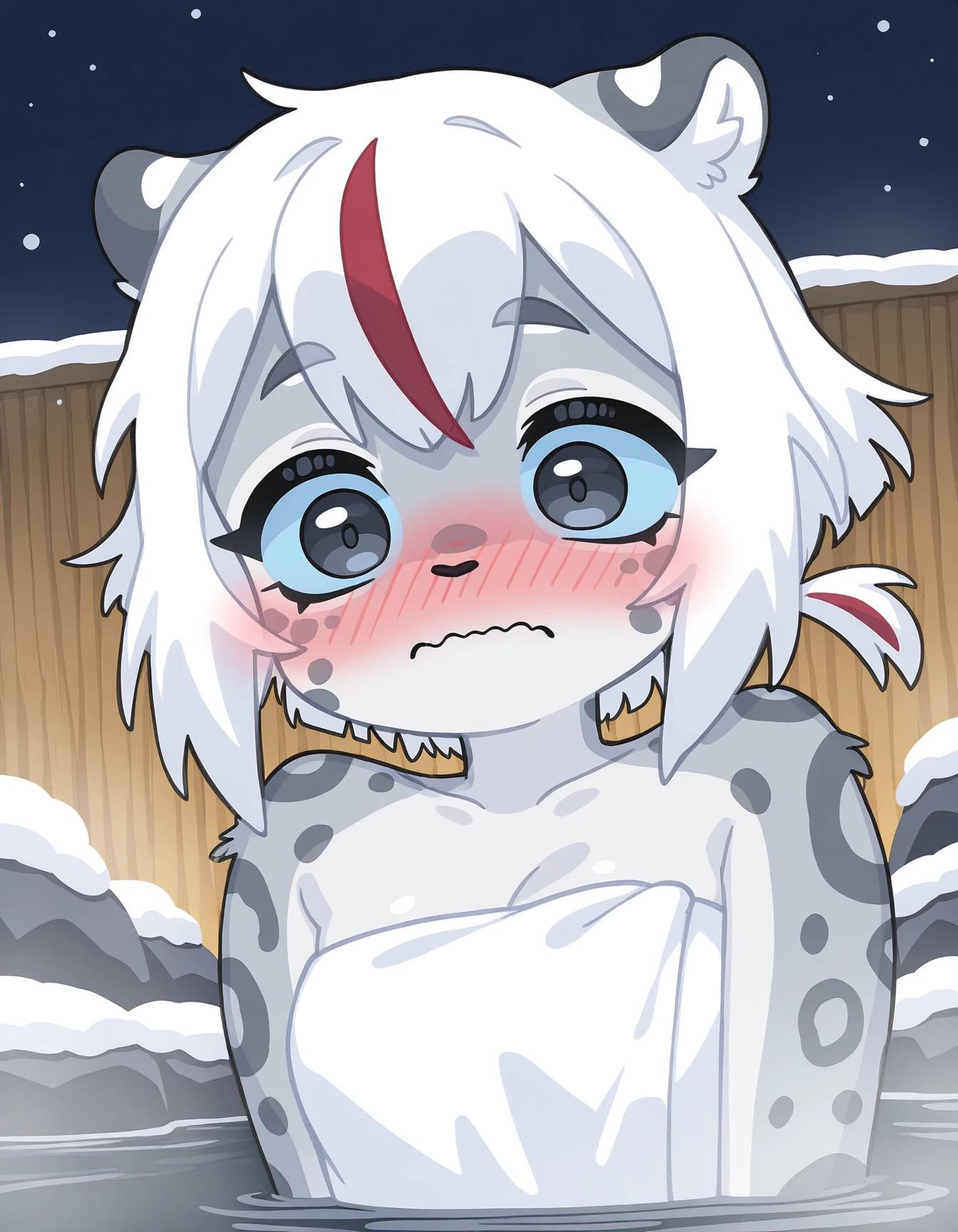 Uma, solo, snow leopard, short white hair, red bangs, black nose, gray fur, black eyes, blue sclera, night, nose blush, embarrassed, surprised, wavy mouth, towel, covering privates, onsen, naked towel, shaded face,
 <lora:Uma_illustriousXL:0.9>