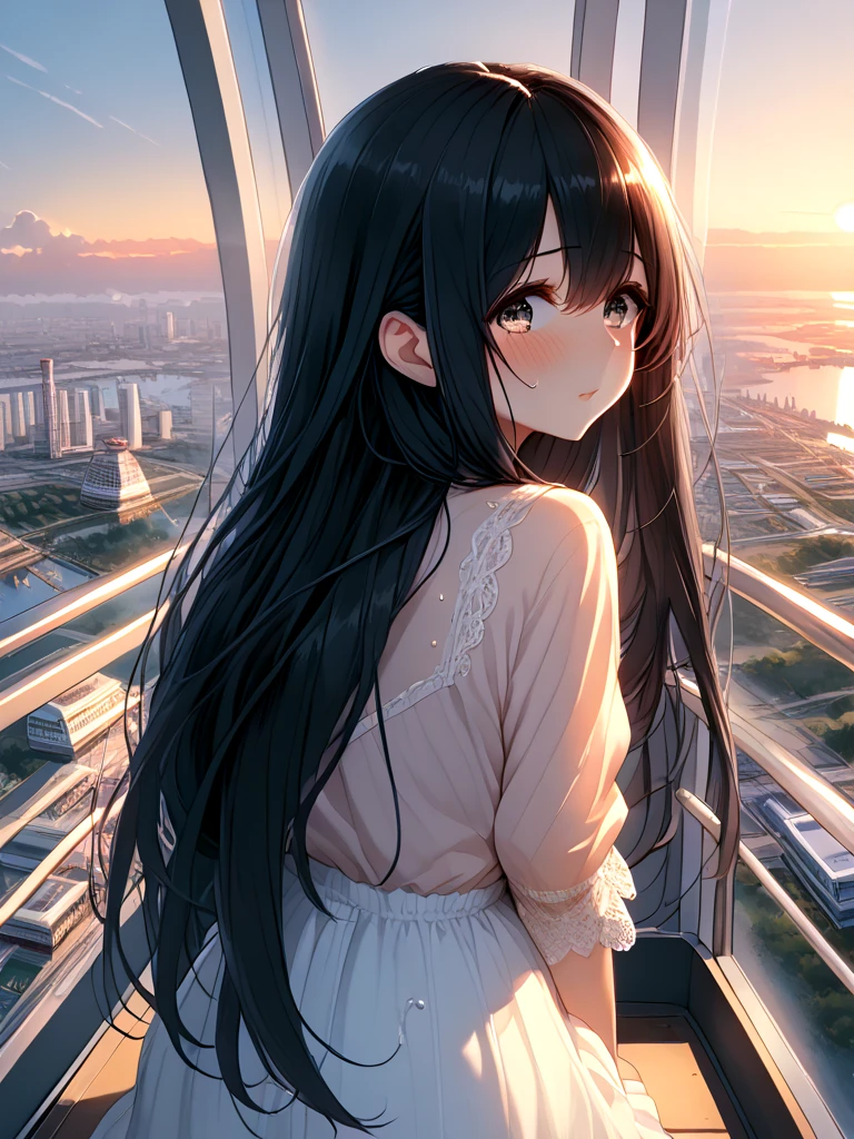 score_9, source_anime, ferris wheel interior, glass cabin interior, reflection, milf, 1girl, shy, sweat, black hair, absurdly long hair, horizon, skyline, scenery, cityscape, amusement park, from side, day, sunset, looking back, <lora:girllikeferriswheel_pony:1>