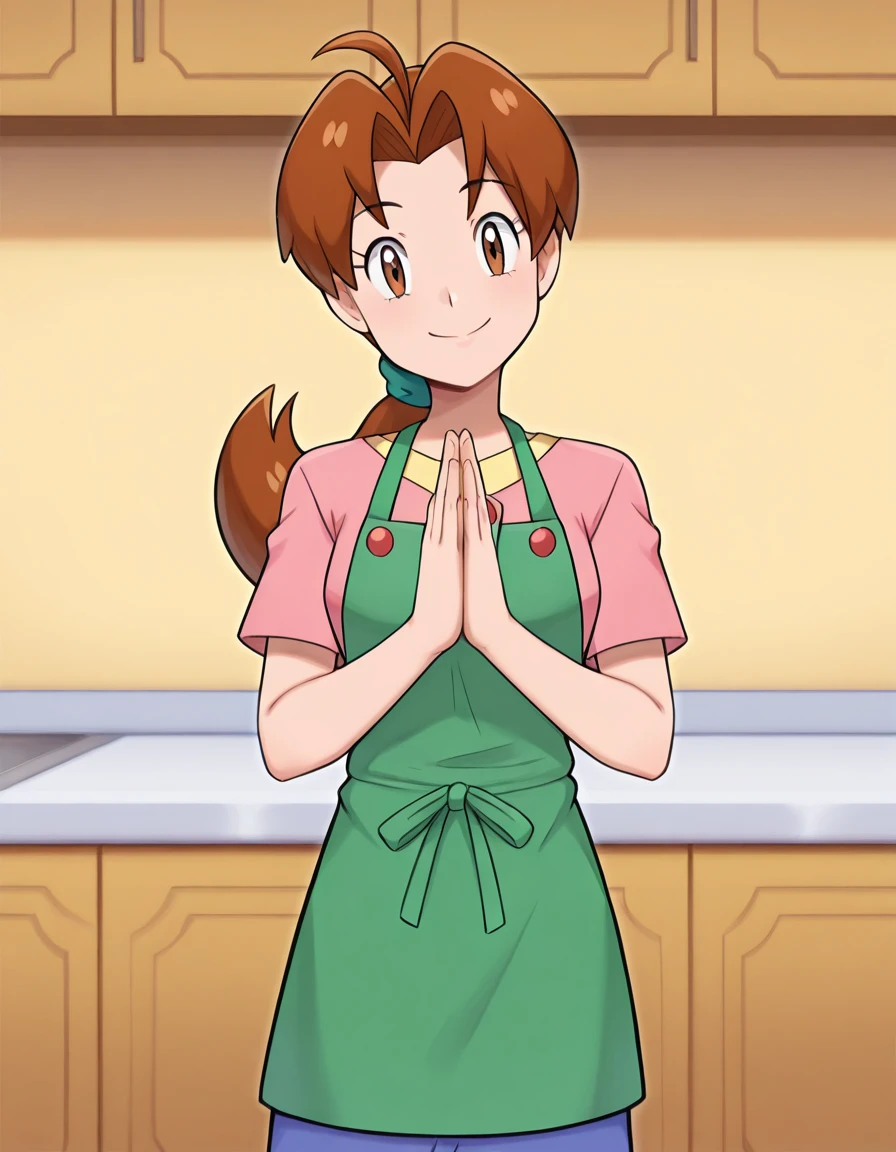 masterpiece, best quality, 1girl, <lora:Delia_Ketchum_IL:1>, deliaketchum, brown hair, low ponytail, ahoge, brown eyes, aqua scrunchie, deliahome, layered clothes, pink shirt, yellow shirt, pink button, green apron, blue skirt, looking at viewer smile, head tilt, palms together, kitchen