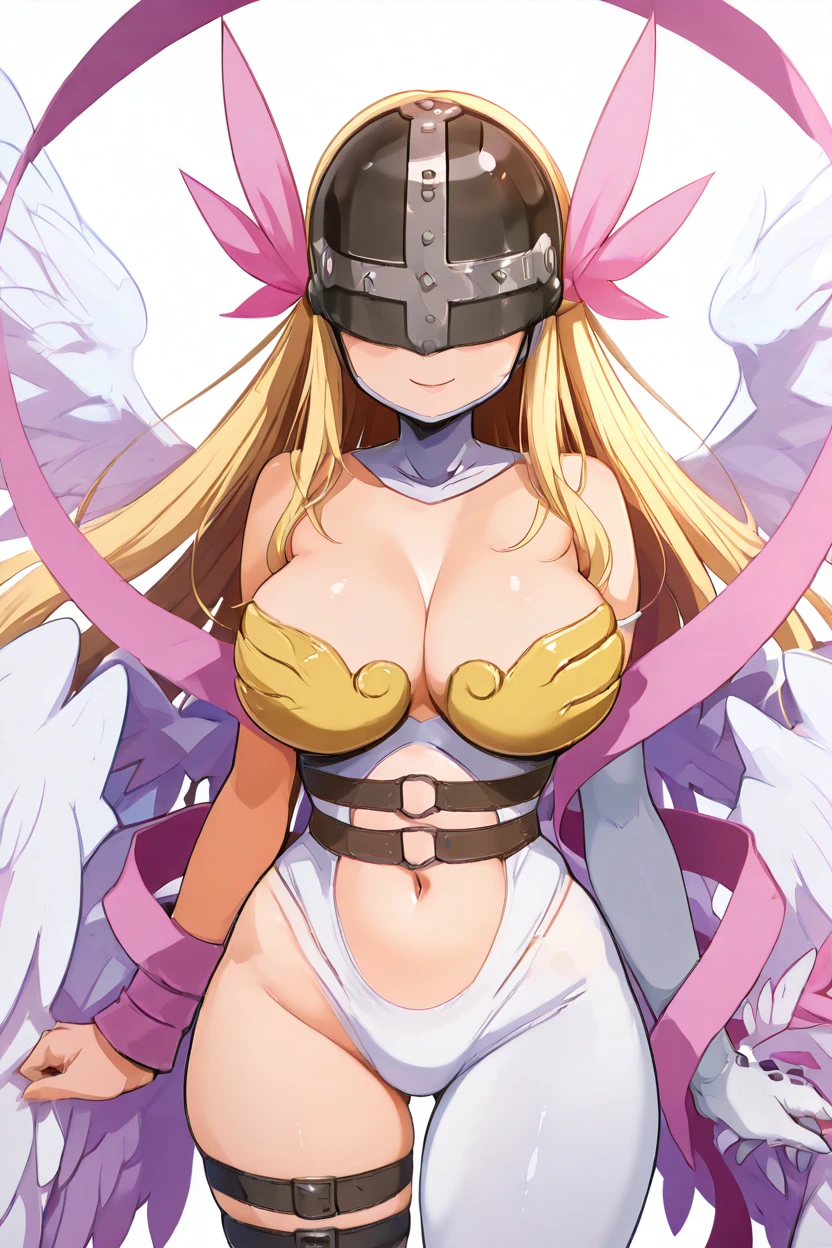 masterpiece, best quality, solo, curvy, beautiful eyes,zzAngewomon, blonde hair, covered eyes, helmet, long hair, angel wings, bare shoulders, elbow gloves, feathered wings, gloves, head wings, navel, pink ribbon, ribbon, single elbow glove, single glove, thigh strap, <lora:AngewomonDigimonIXL_v3:1.0>, upper body, smile, looking at viewer, shiny skin,<lora:HaradaTakehitoIXL_v3:1.3>, <lora:ZankuroIXLLight_v2:0.6>,