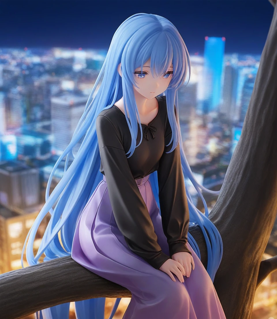 1girl,masterpiece,high quality,best quality,beautiful,upper body,light purple skirt,black shirt,sitting on tree,very long hair,blue hair,city,night