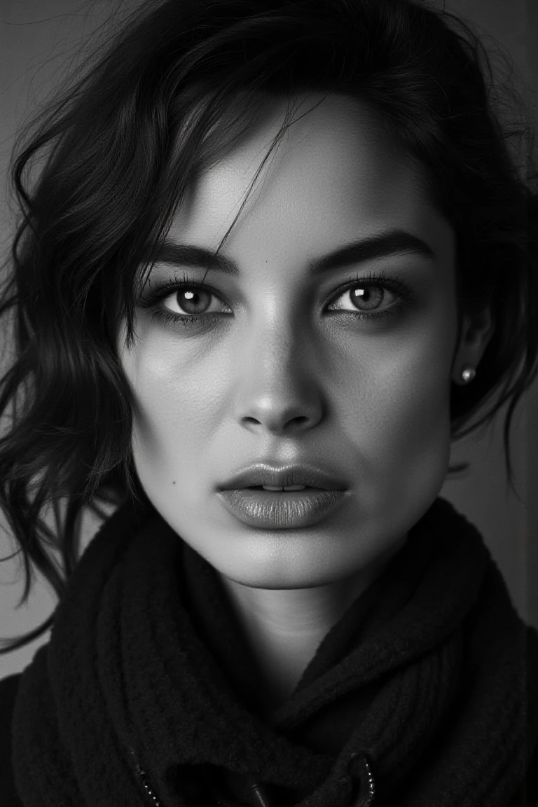 black and white portrait inspired by Peter Lindbergh's photographic style of bereflx, a woman looking directly into the camera with an intimate and deep expression.