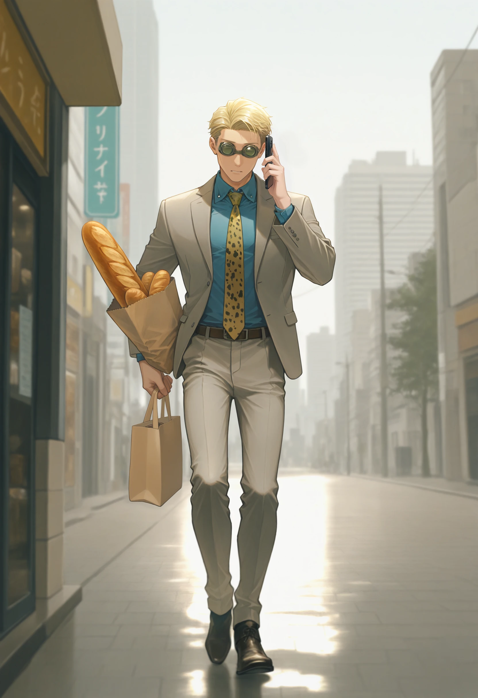 masterpiece, best quality, 1boy, solo, NanamiBase, blonde hair, short hair, goggles, grey jacket, yellow necktie, leopard print, blue shirt, collared shirt, grey pants, outdoors, city, holding bag, bread, baguette, holding smartphone, talking on phone, walking, full body, wide shot, <lora:ChamKentoNanamiIllustriousXL:1>