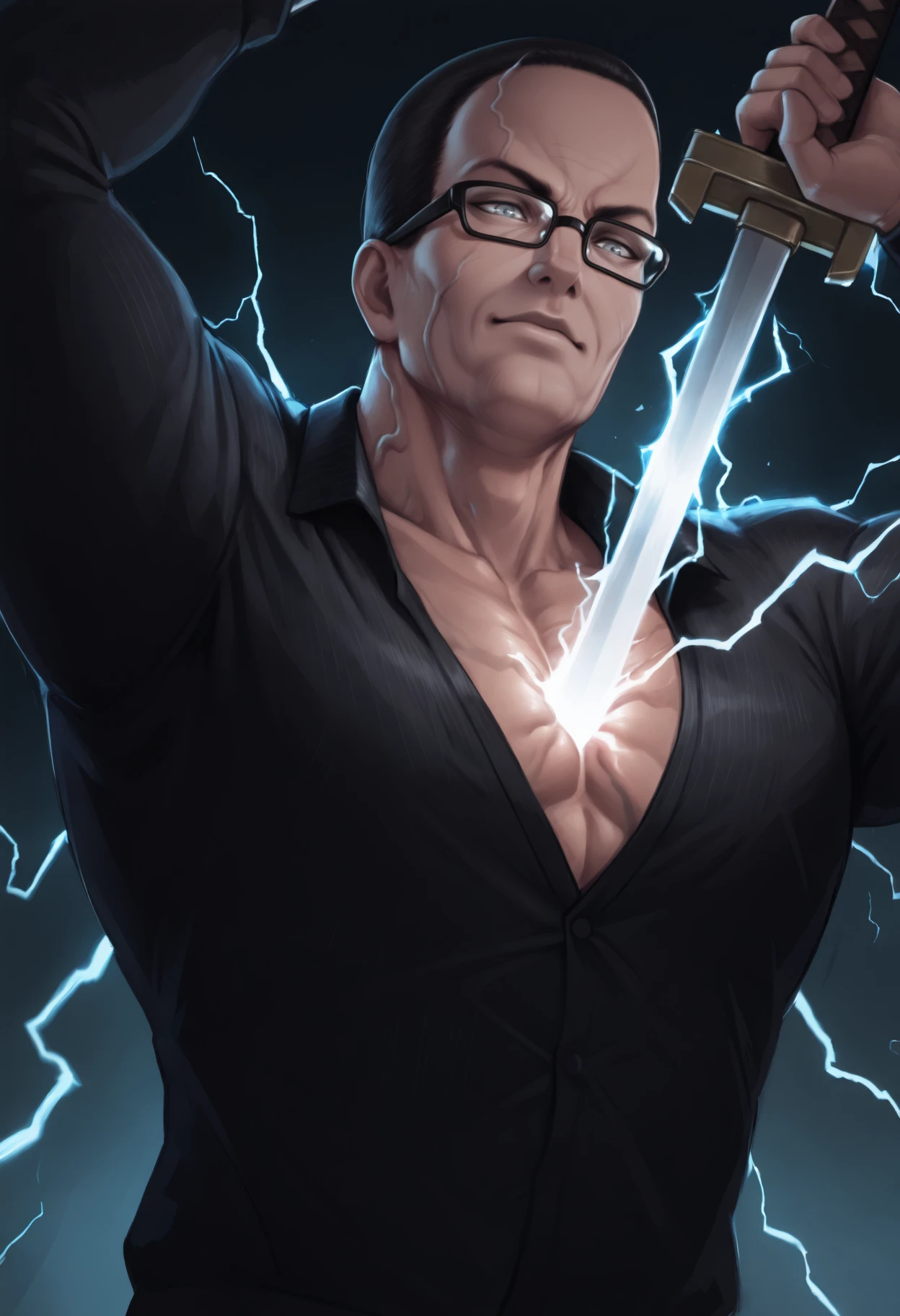 masterpiece, best quality, 1boy, grey eyes, buzz cut, black hair, very short hair, manly, double chin, black-framed eyewear, veins,
human scabbard, holding, holding weapon, holding sword, electricity, cleavage, arm up,
<lora:Senator-Armstrong-NoobAi-1.1_V1-Manityro-CAME:1.0>,