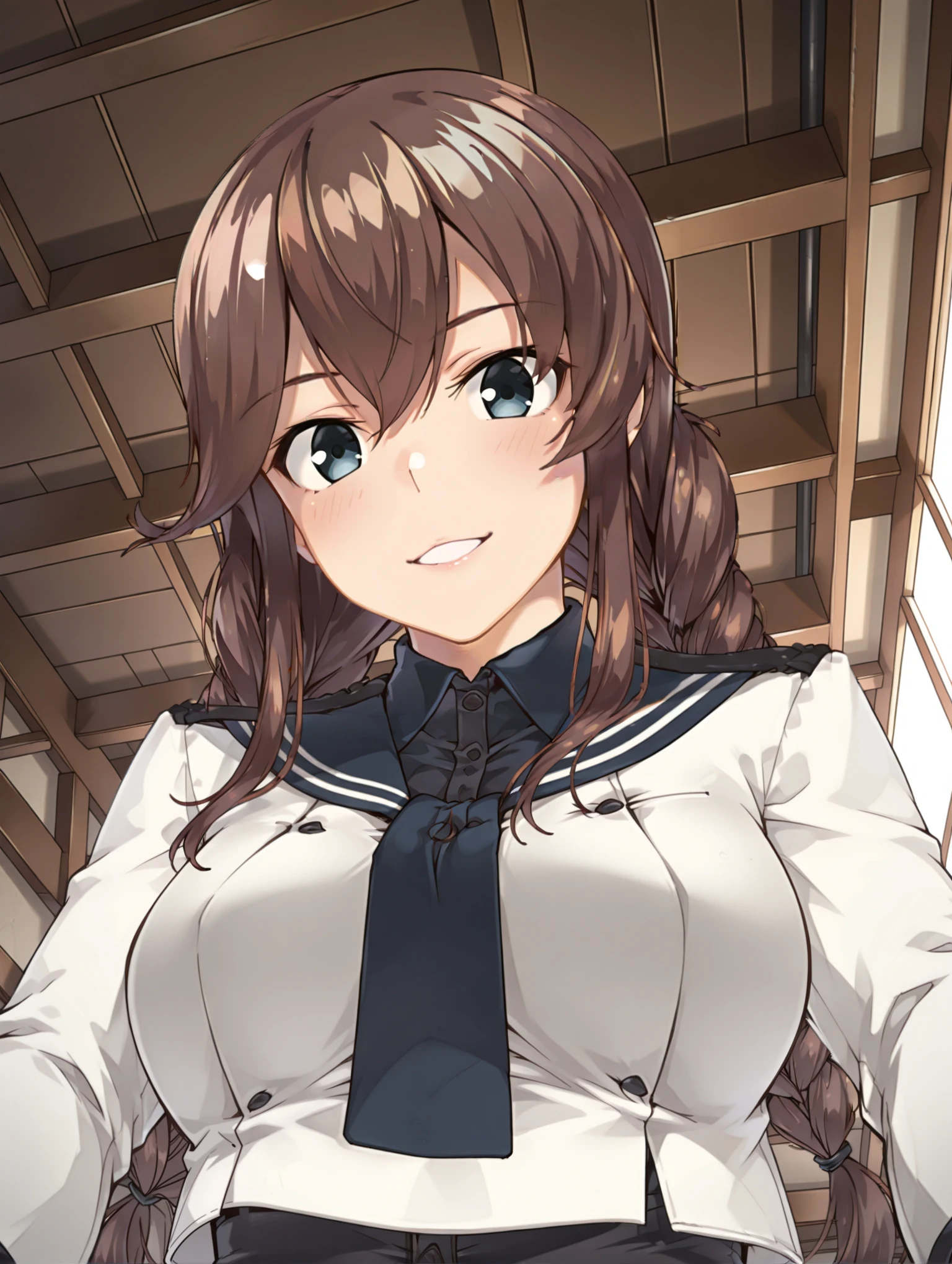 masterpiece,best quality,amazing quality,
solo,1girl,
<lora:noshiro_k2_ilxl_v1:1>,noshiro,twin braids,n_clothes,
parted lips,
<lora:Fixhands_anime_bdsqlsz_V1:1>,looking_at_viewer,upper_body,light_blush,ceiling,indoors,pov,from_below,head_down,looking_down,:d,