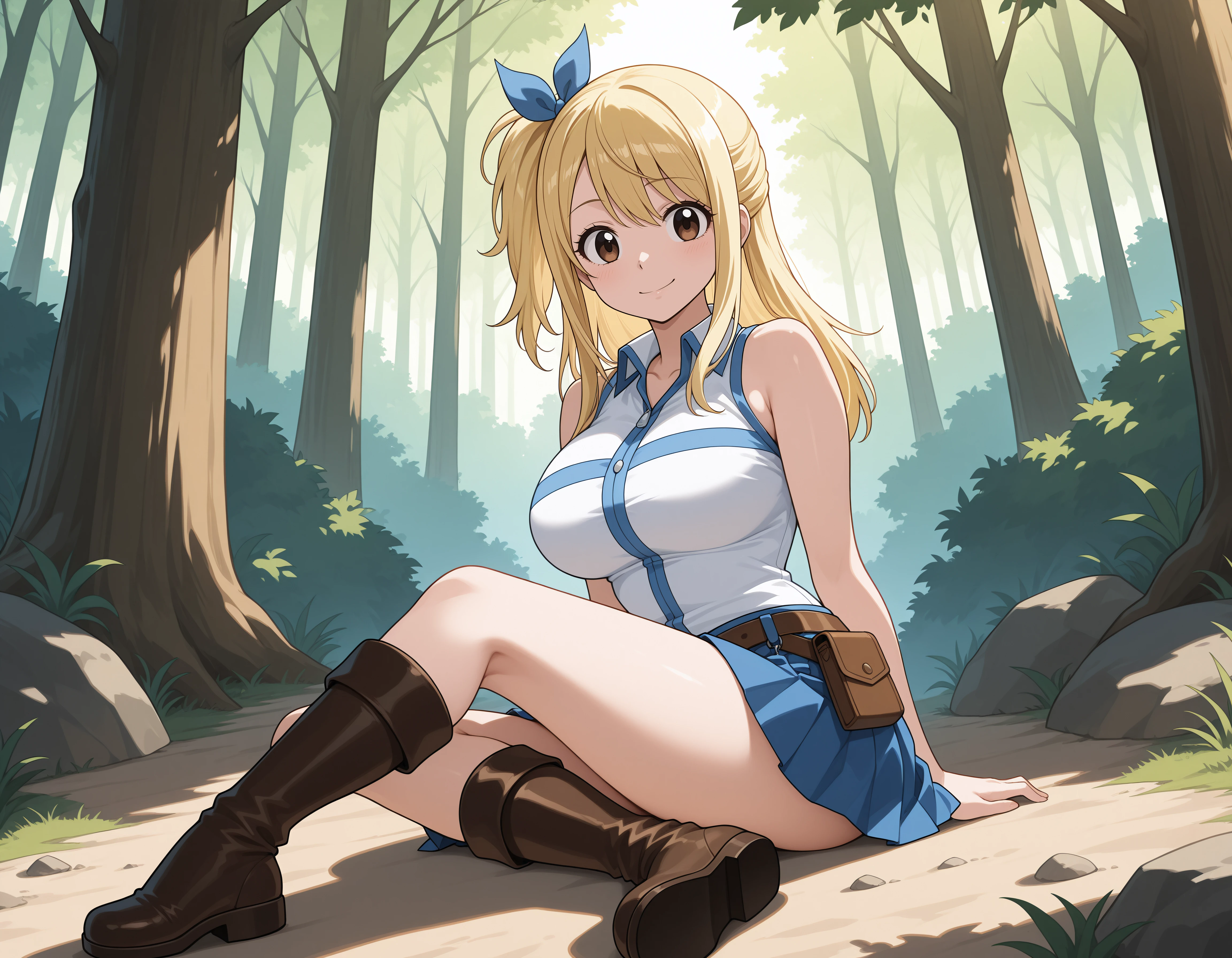 (masterpiece,best quality:1.2),amazing quality,very aesthetic,absurdres,newest, full body,
1girl, solo, lucyh_og, blonde hair, long hair, brown eyes, large breasts, one side up, sleeveless shirt, blue pleated skirt, brown belt, black knee boots, 
sitting, on ground, looking at viewer, at tree, outdoors, forest, looking at viewer, smile, crossed legs  <lora:lucy_heartfilia_illustrious:1>