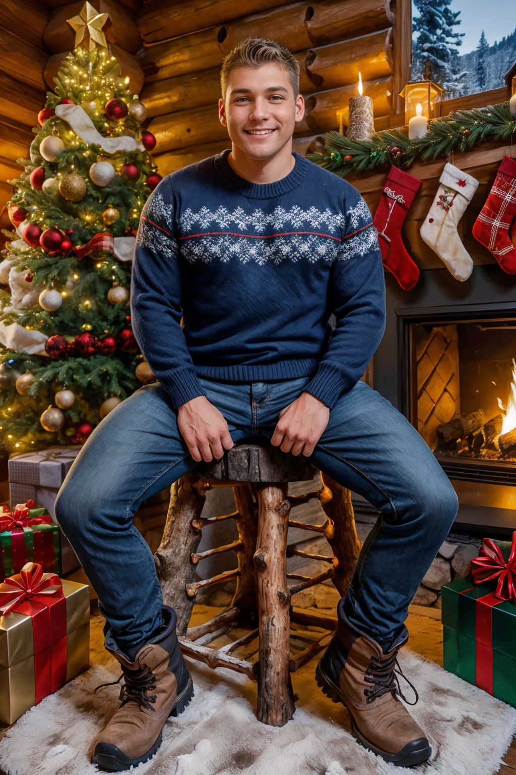 log cabin, Christmas decorations, Christmas tree, sitting on the hearth of a fireplace, ElyeBlack, wearing a sweater, blue jeans, hiking boots, loving smile, (male focus), (((full body portrait))), wide angle, <lora:ElyeBlack:0.8> <lora:quiron_Chritsmas_v1_lora:0.35>