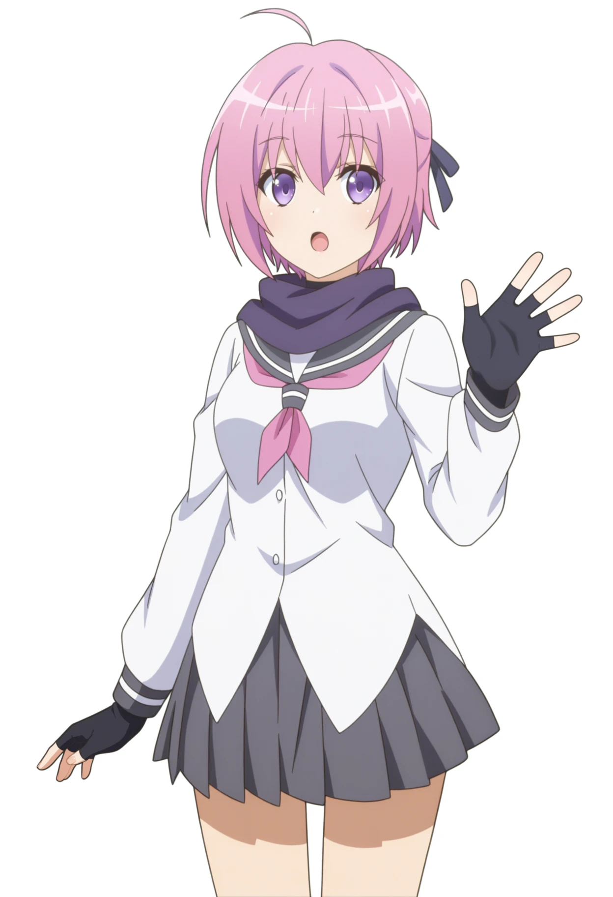 <lora:Shinobu SARUTOBI_illustrious-000020:1>,Shinobu SARUTOBI,pink hair,solo,purple scarf,grey skirt,purple eyes,school uniform,black gloves,ahoge,pleated skirt,short hair,open mouth,standing,fingerless gloves,:o,hair ribbon,white shirt,
cowboy_shot,waving,smile,white_background,simple_background