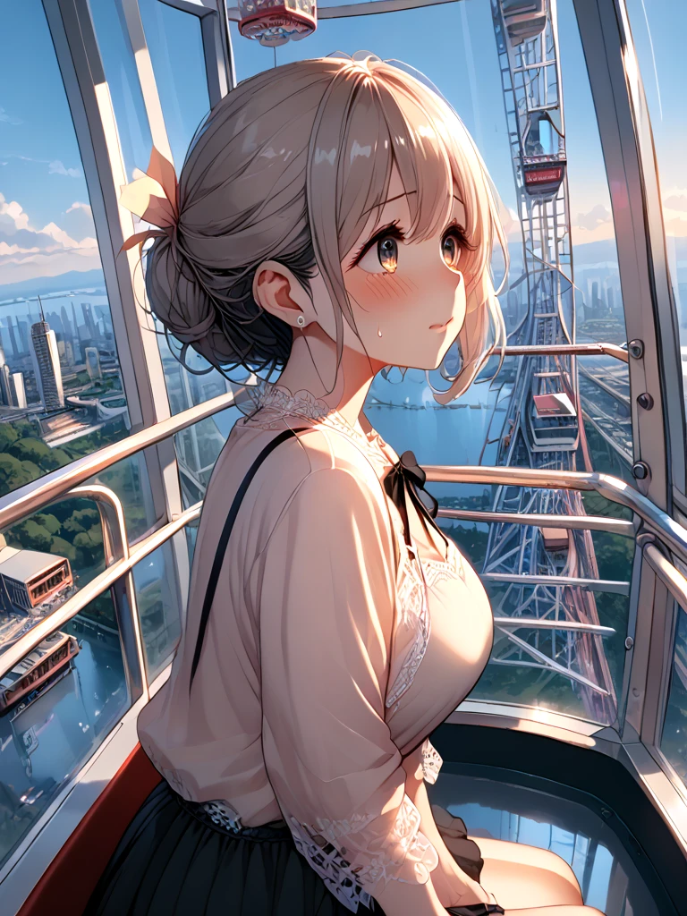 score_9, source_anime, ferris wheel interior, glass cabin interior, reflection, milf, 1girl, shy, sweat, horizon, skyline, scenery, cityscape, amusement park, from side, <lora:girllikeferriswheel_pony:1>