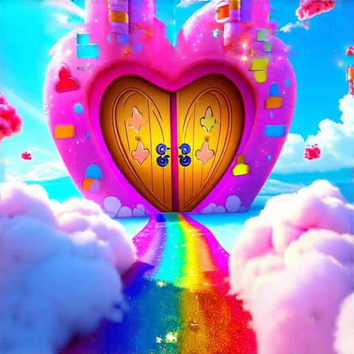 carebearland, a whimsical movie poster for a children's film, featuring large heart-shaped palace doors adorned with colorful patterns, a shiney rainbow pathway leading up to the grand entrance, fluffy clouds floating serenely in a bright blue sky, vibrant colors throughout, enchanting atmosphere reminiscent of a magical dreamland, illustrated in a playful and charming style reminiscent of modern Disney art.