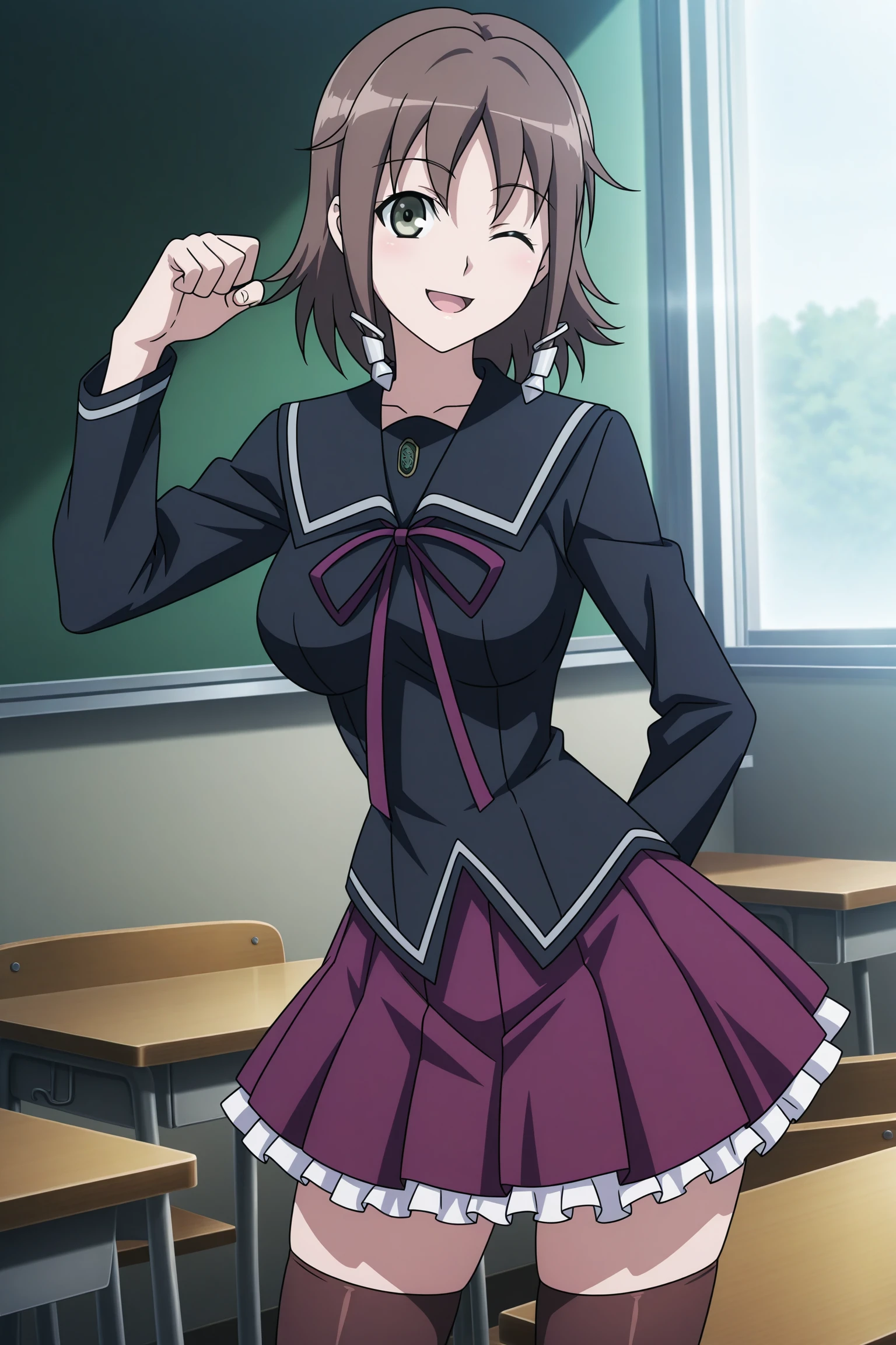 masterpiece, best quality, amazing quality, highres, absurdres, very aesthetic, high resolution, ultra detailed, perfect details, 1girl, solo, looking at viewer, indoors, classroom, yukizome kukuri, short hair, brown hair, wispy bangs, sidelocks, hair ornament, long sleeves, black shirt, untucked shirt, black sailor collar, purple neck ribbon, purple skirt, pleated skirt, layered skirt, frilled skirt, brown thighhighs, loafers, <lora:Kukuri_Yukizome_ILXL:0.8>, (aged up:1.5), (cowboy shot:1.1), (anime coloring:1.2), (anime screencap:1.2), smile, sunlight, (pose:1.5), open mouth, wink