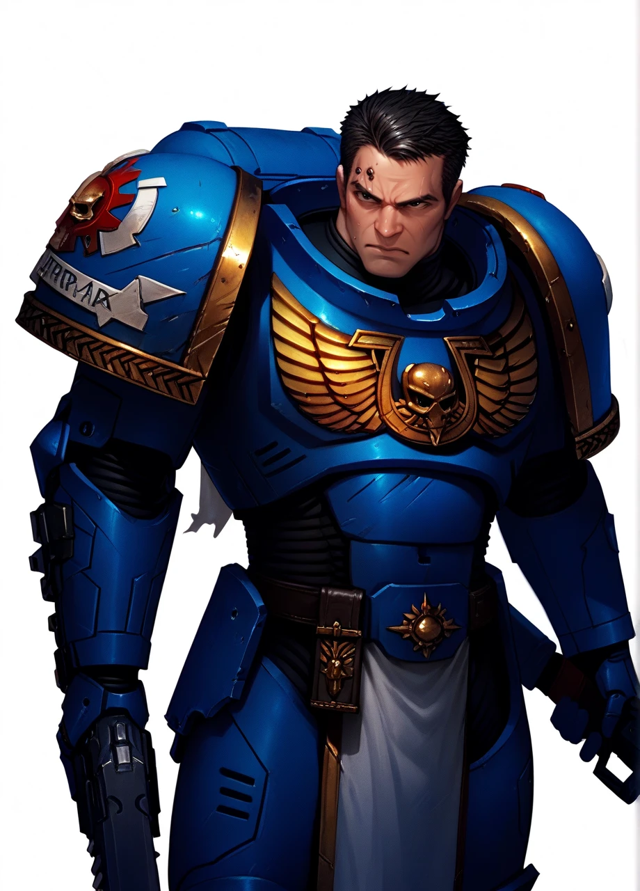 <lora:WH40K_Titus-PONY:0.8> whtitus, mature male, facial scar, black hair, black eyes, solo, ultramarine, emblem, pelvic curtain, pauldrons, power armor, cowboy shot, white background, holding weapon, bolt gun, score_8_up, score_7_up, score_6_up, score_5_up, score_4_up,