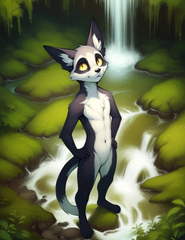 <lora:MokiVar1:1> MokiVar1, Large yellow eyes, white sclera,, white tip of tail, chibi, small body,
Looks at the viewer, [ solo, nature, forest, day, clouds, waterfall, ,] ((Hands on hips, standing, high-angle view,)),
beautiful, aesthetic, perfect, delicate, intricate, saturated colors, masterpiece, digital drawing, best quality,
by Faustsketcher, by Brian M. Viveros, by Colin Campbell Cooper, by Tsampikos