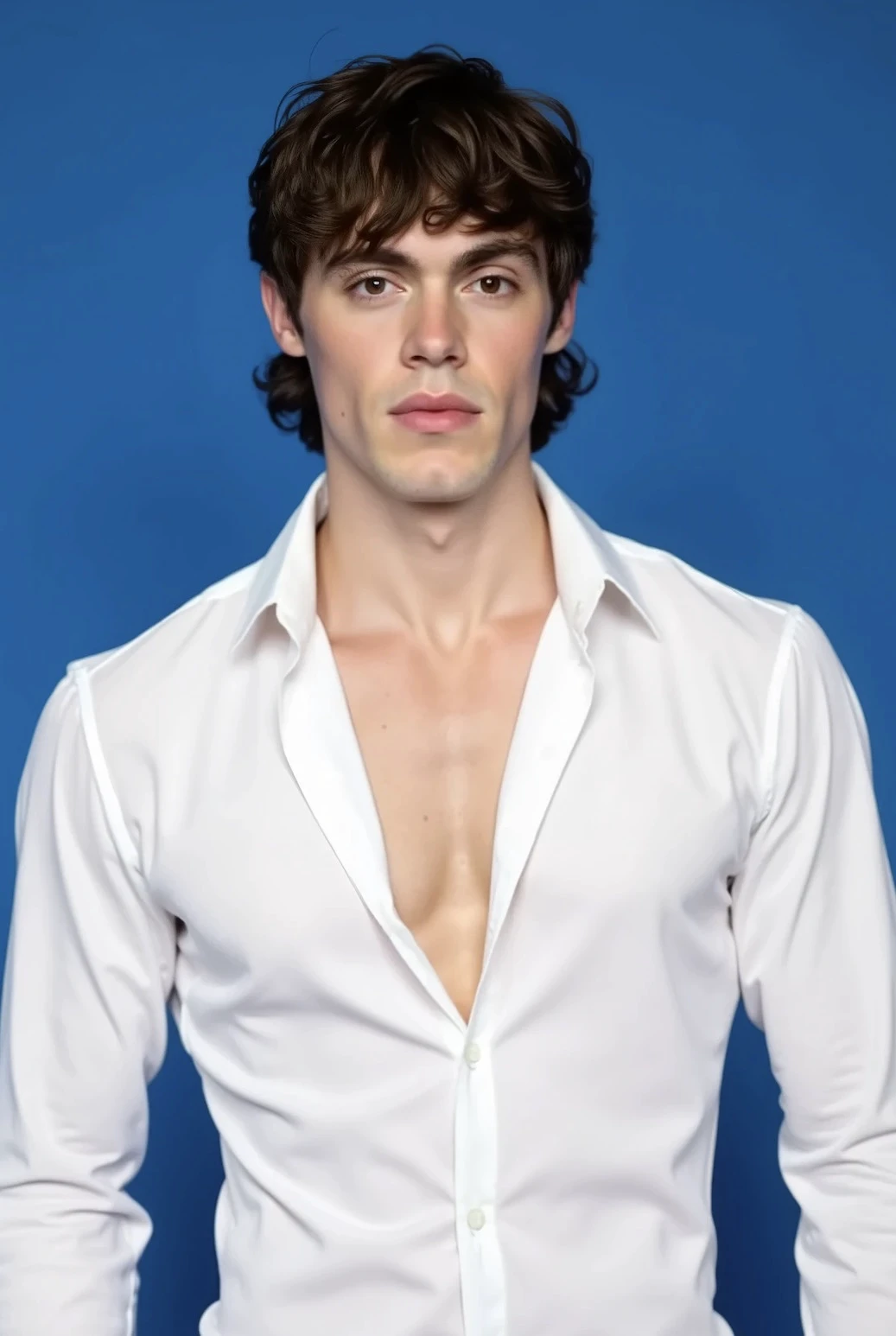 Jack Champion. This is a high-resolution photograph of Jack Champion standing against a solid blue background. He has fair complexion and short, dark, slightly wavy hair that frames his face. His expression is serious and contemplative, with his eyes looking slightly to the side and his mouth slightly pursed. He is wearing a tight fitting white button up shirt, that is stretched across his toned frame. Complimenting his shoulders and chest.