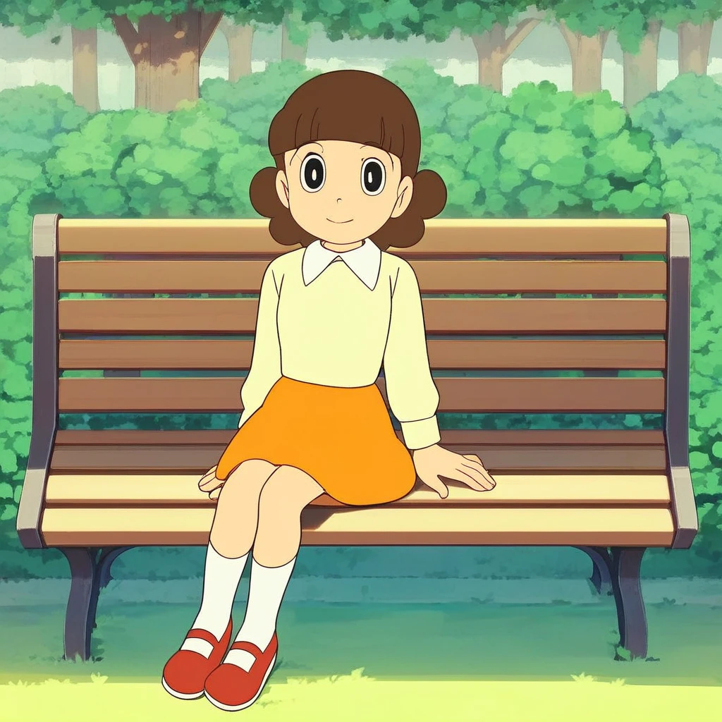 score_9, score_8_up, score_7_up, source_anime, prefect lighting, very aesthetic, intricate details, highly detailed background, high quality, perfect hands, best quality, female child, tachibana, doraemon, brown hair, curly hair with flat bangs, black eyes  light yellow blouse, white collared shirt, orange skirt, white socks, red shoes, sitting on bench, park, looking at viewer, smile, bush, tree, grass