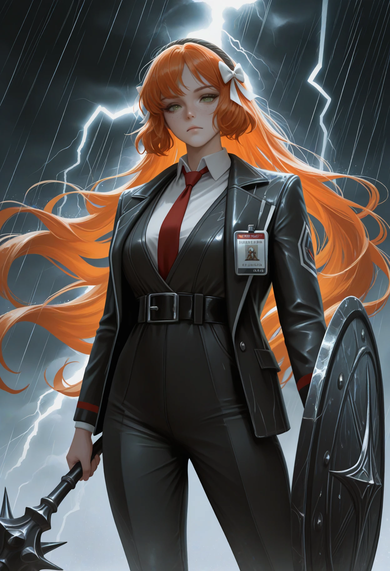 masterpiece, best quality, realistic, solo, 1girl, ihml, freckles, expressionless, looking at viewer, standing, holding weapon, mace, holding shield, long hair, orange hair, sidelocks, hair bow, white bow, brown hairband, green eyes, black jacket, open jacket, id card, long sleeves, black vest, white shirt, collared shirt, wing collar, red necktie, black pants, black belt, outdoors, dark background, storm, thunderstorm, lightning, rain, wind lift
<segment:yolo-Anzhc Face seg 640 v2 y8n.pt,0.4,0.5//cid=1>