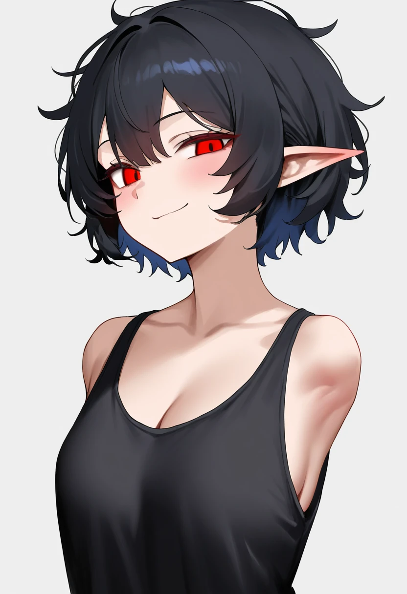 masterpiece, best quality, newest, absurdres, highres, 1girl, solo, cute, red eyes, messy hair, black hair, short hair, armless, smirk, elf ears, tank top, side view, front view, smile  <lora:armless_noobs_90_a_r16_fp16:1>