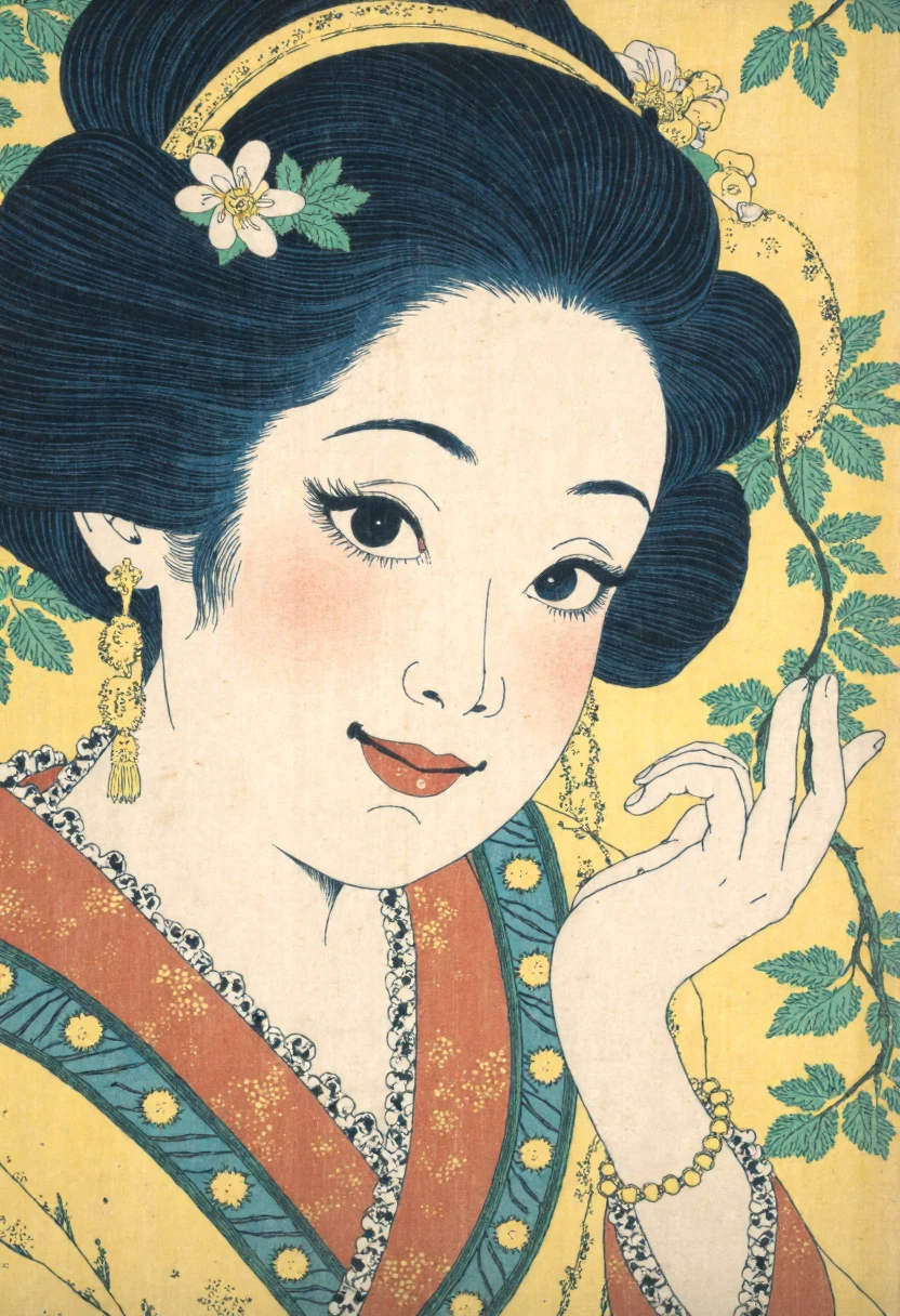 Ukiyo-e style by Katsushika Hokusai of a whimsical portrait of a japanese woman with a gentle smile, her hair adorned with flowers<lora:CustomFlux/Katsushika_Hokusai.safetensors:1.0:1.0>