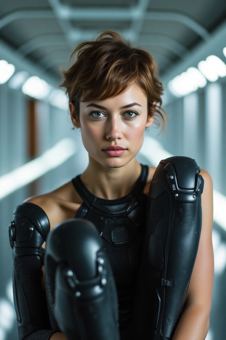 A cyborg woman with short tousled hair sits confidently in the center of a futuristic background, bathed in soft, even light. Her proportional and detailed face, with piercing eyes, gazes directly at the viewer, exuding an air of mastery. The medium body portrait showcases her toned physique, while the day time lighting accentuates her striking features. The overall effect is a true masterpiece, boasting best quality visuals that draw the viewer in.