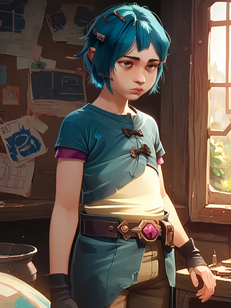 score_9, score_8_up, score_7_up, powder, a stylized character with blue hair in a dimly lit environment, 1girl, solo, looking at viewer, short hair, hair ornament, closed mouth, short sleeves, male focus, belt, pants, lips, t-shirt, volumetric lighting  <lora:arcane_pony_v2:1>