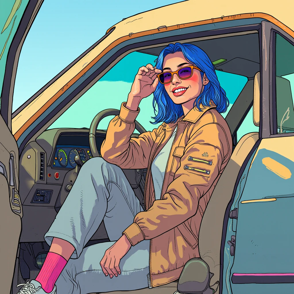 illustration in mb artstyle, woman in her early 20s sitting inside a car in passenger seat, open car door, hand on knee, jacket, sunglasses, blue shoulder-length hair, pants, socks, sneakers, light smile, very happy pose, dutch angle, cowboy shot