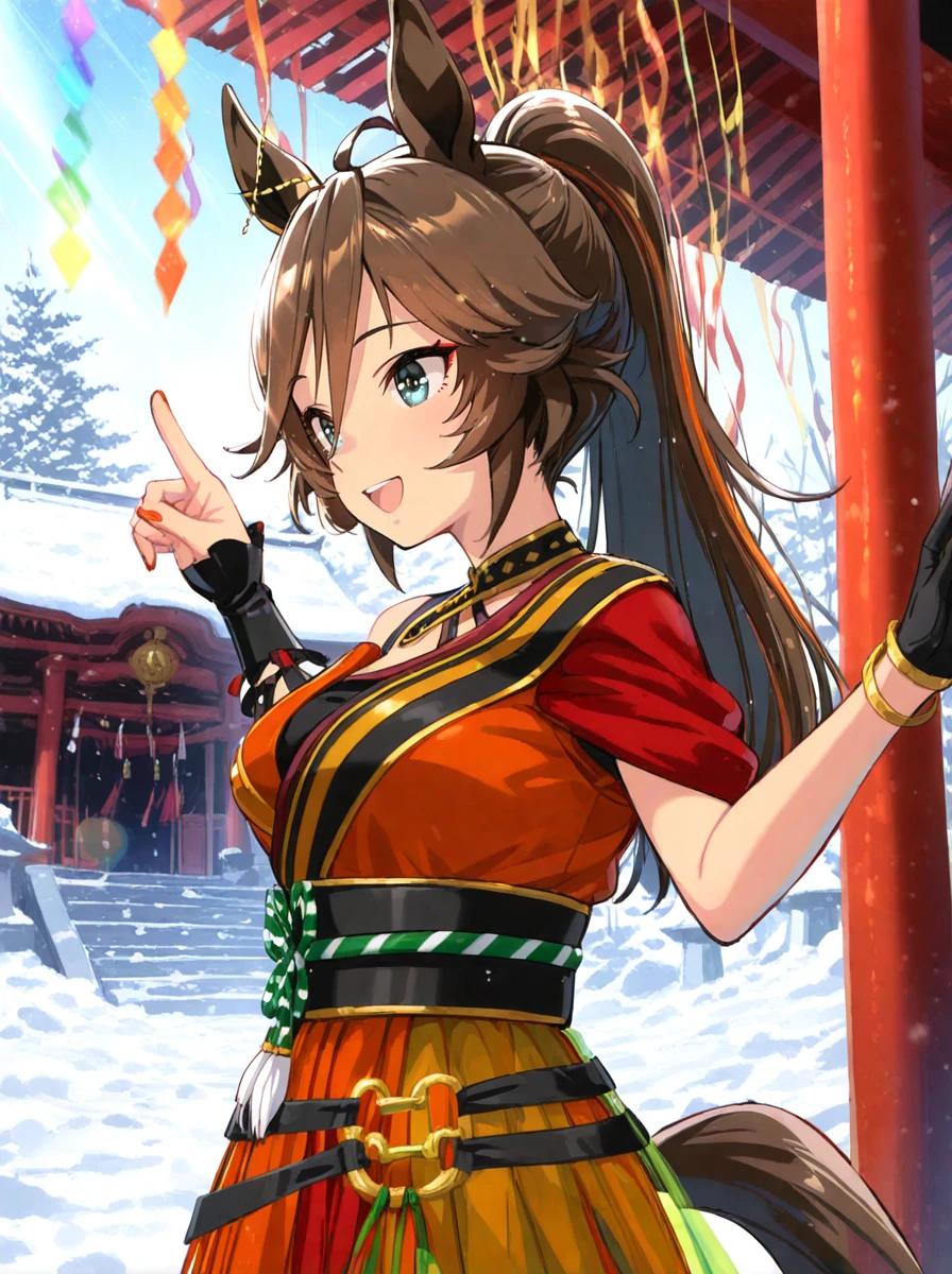 masterpiece, best quality,
mr. c.b. \(umamusume\), 1girl, horse ears, upper body, ponytail, index finger raised, red kimono, single short sleeve, black obi, gold bracelet, black choker, tassel ear ornament, single see-through finger black glove, single black wrist support, inner tank top, new year clothes,red streaked hair,red eyeliner, red nails, single bare shoulders, single black see-through elbow support,
open mouth, big smile,cowboy shot
New Year shrine visit, traditional Japanese temple, torii gate covered in snow, visitors wearing kimonos, winter sky, ringing the bell, incense smoke rising, hanging ema plaques, sacred ropes and white paper streamers, lanterns glowing softly, prayers being made, snow-covered stone lanterns, serene and respectful atmosphere
light rays,lens flare,light particles,
 <lora:ILL_mr.c.b_ver1.021:1>