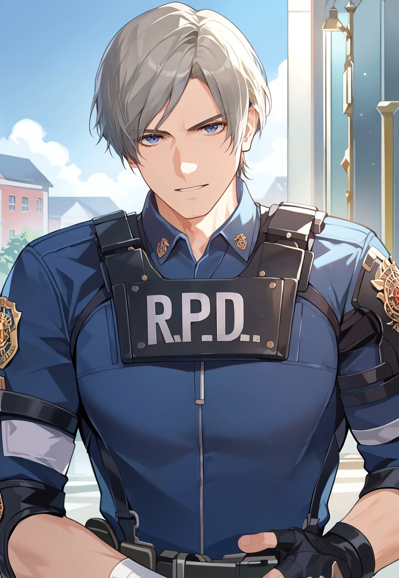 score_9, score_8_up, score_7_up, score_6_up, 8k, highest quality, high detail, masterpiece, best quality, beautiful lighting, (highest quality), source_anime, (best shadow), intricate details, ultra-detailed face, detailed eyes, perfect face, detailed eyes, anime, source_anime, BREAK, defined face, (1male, bara, daddy, mature male, 1boy, leonkennedy, grey hair, short hair), police uniform, bulletproof vest, fingerless gloves, blue shirt, elbow pads, long sleeves, solo, upper body, looking at viewer, outdoors, building, holding gun, <lora:LeonKennedyXL:1>