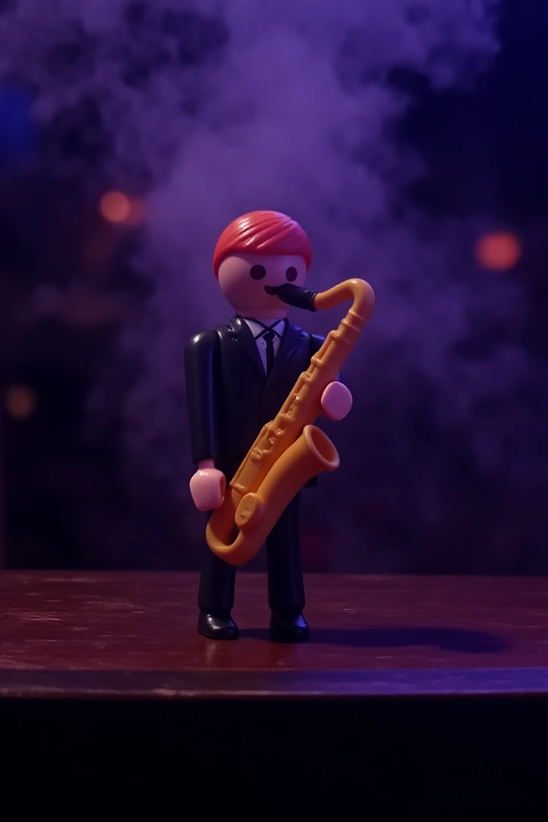 playmobil. A jazz musician playing a saxophone on a smoky club stage.
