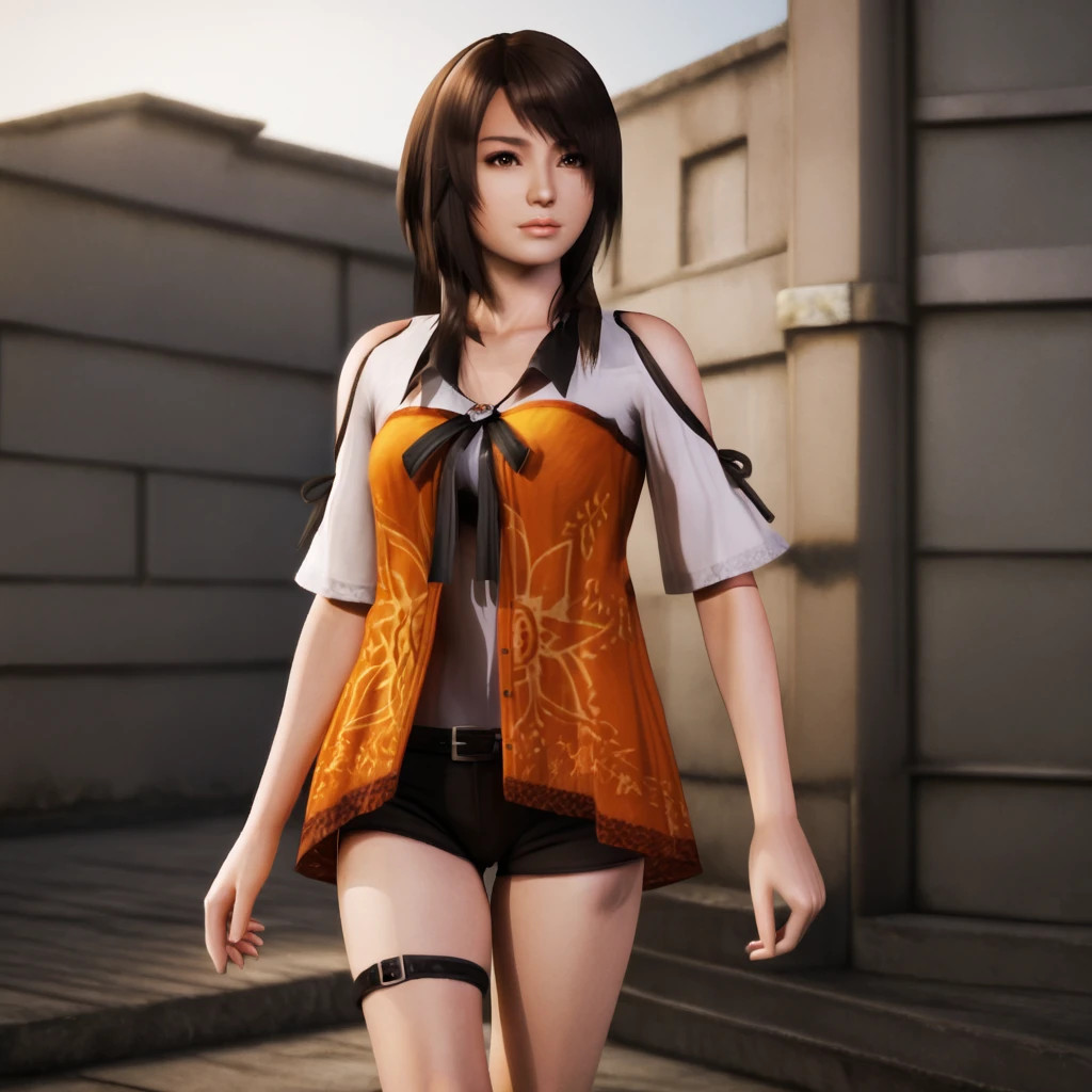 <lora:yurifatalframe_pony_v1:1>  YuriFatalFrame, 1girl, clothing cutout, short shorts, lips, brown eyes, thigh strap, black shorts, brown long hair, cowboy shot