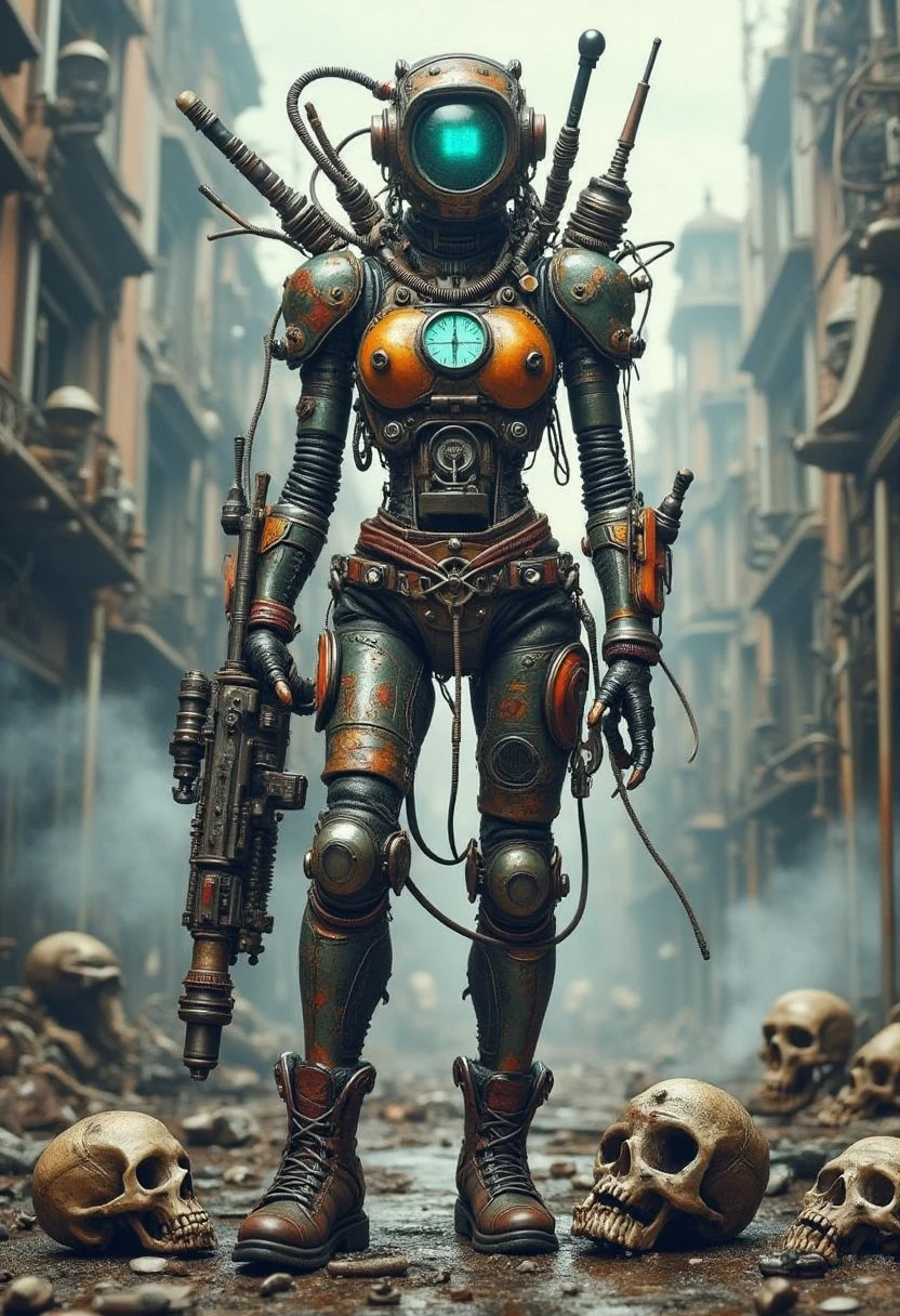 YFG-LBGadgets Full body frontal symmetrical image of a cyborg style mechanical Mara, cables, mechanical parts, tubes and springs, lets, a bulky futuristic weapon in hand, foot resting on human skulls, blue, grey and ochre tones, background of ruins and smoke, hyper detailed