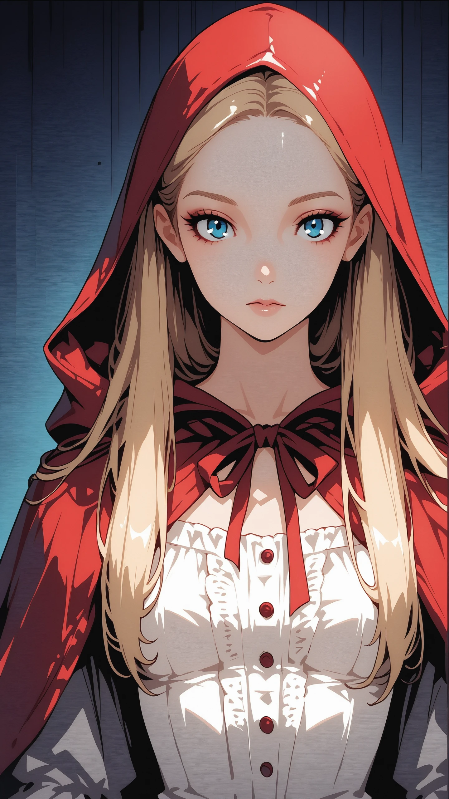 reij-drkfnwr art style <lora:drkfnwr:1>, woman,blonde long hair, eyelashes, straight hair, blue eyes, detailed eyeshadows, dark light, looking at viewer, eyelashes, upper body, red riding hood, small waist, minimal background, Masterpiece-level, clean lines, sharp, focused subject,