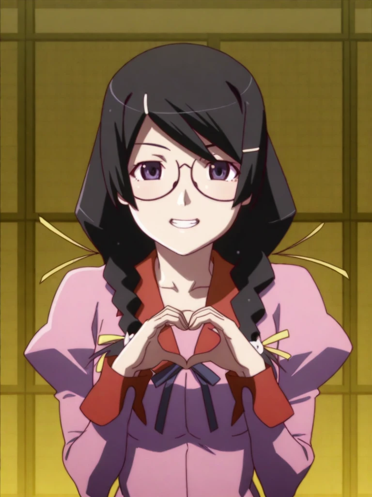 1girl,
hanekawa tsubasa, 
monogatari \(series\), 
8k, absurdres, high quality, masterpiece, anime screencap,
long hair, purple eyes, twin braids, black hair, hair ornament, hairclip, glasses, smile, clenched teeth,
upper body, heart hands, hands up, naoetsu school uniform, long sleeves, juliet sleeves, pink jacket, blue skirt, pleated skirt, looking at viewer