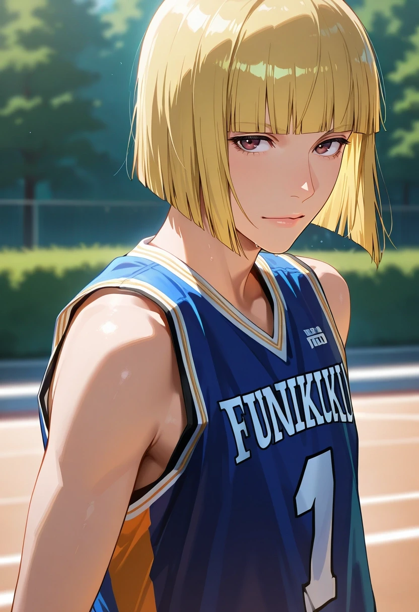 masterpiece, best quality, intricate details, semi-realistic, looking at viewer, depth of field, 1boy, solo, male focus, <lora:shinji_hirako_ilxl:0.92>, shinji_hirako, blonde hair, brown eyes, bangs, blunt bangs, , short hair, bob cut, , Hiking shorts, Sleeveless basketball jersey, , , and