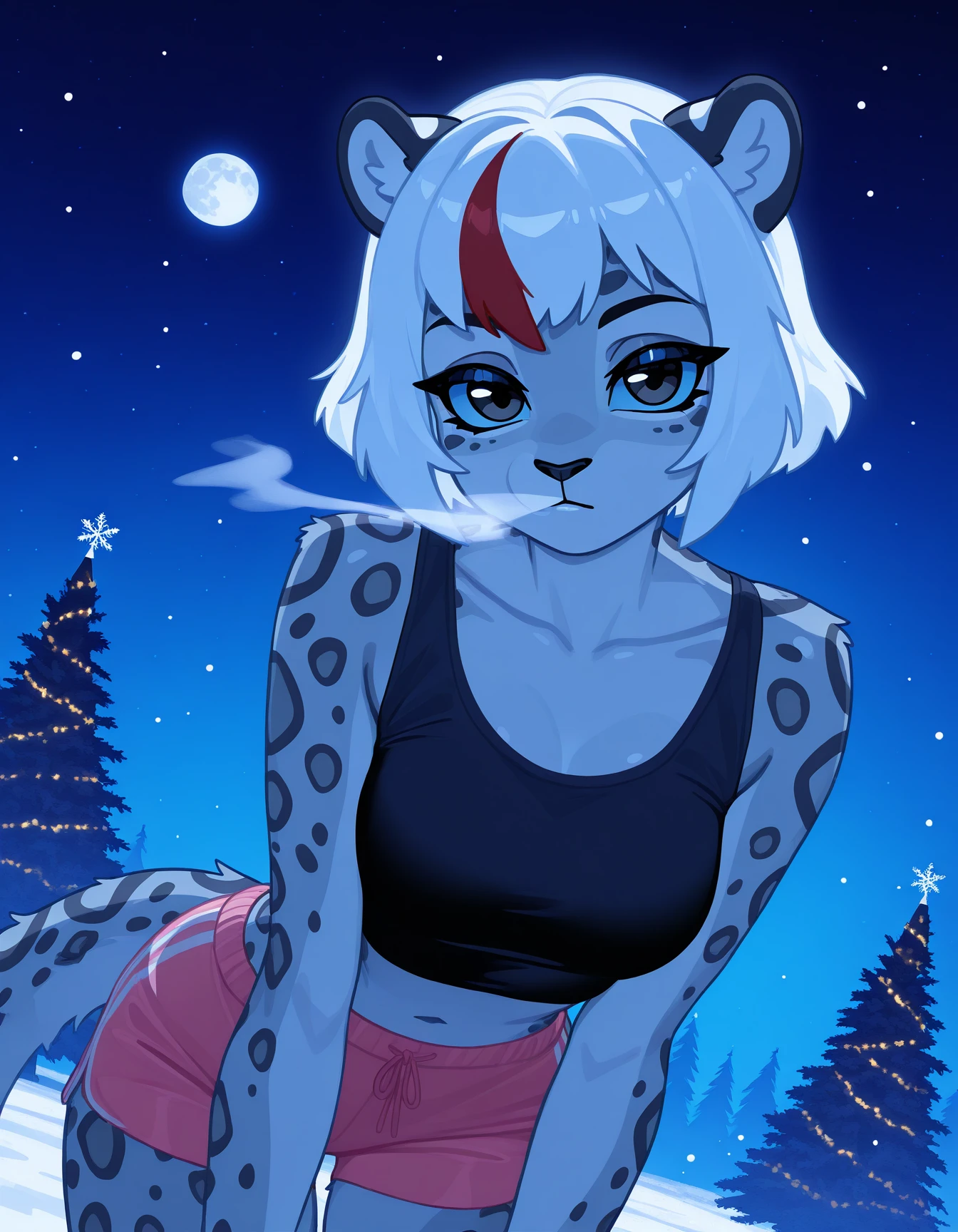 Uma, solo, snow leopard, short white hair, red bangs, black nose, gray fur, pink shorts, black crop top, black eyes, blue sclera, bare neck, , looking at viewer, snowflakes, blue theme, standing, snowing, dark, night sky, starry sky, backlighting, leaning forward, dutch angle, impasto, vignetting, chiaroscuro, masterpiece, best quality, very aesthetic, absurdres, mouth vapour, christmas tree, northern lights, stars, moon, christmas light
 <lora:illustrious_christmas_collection_v1:1>
 <lora:Uma_illustriousXL:0.9>