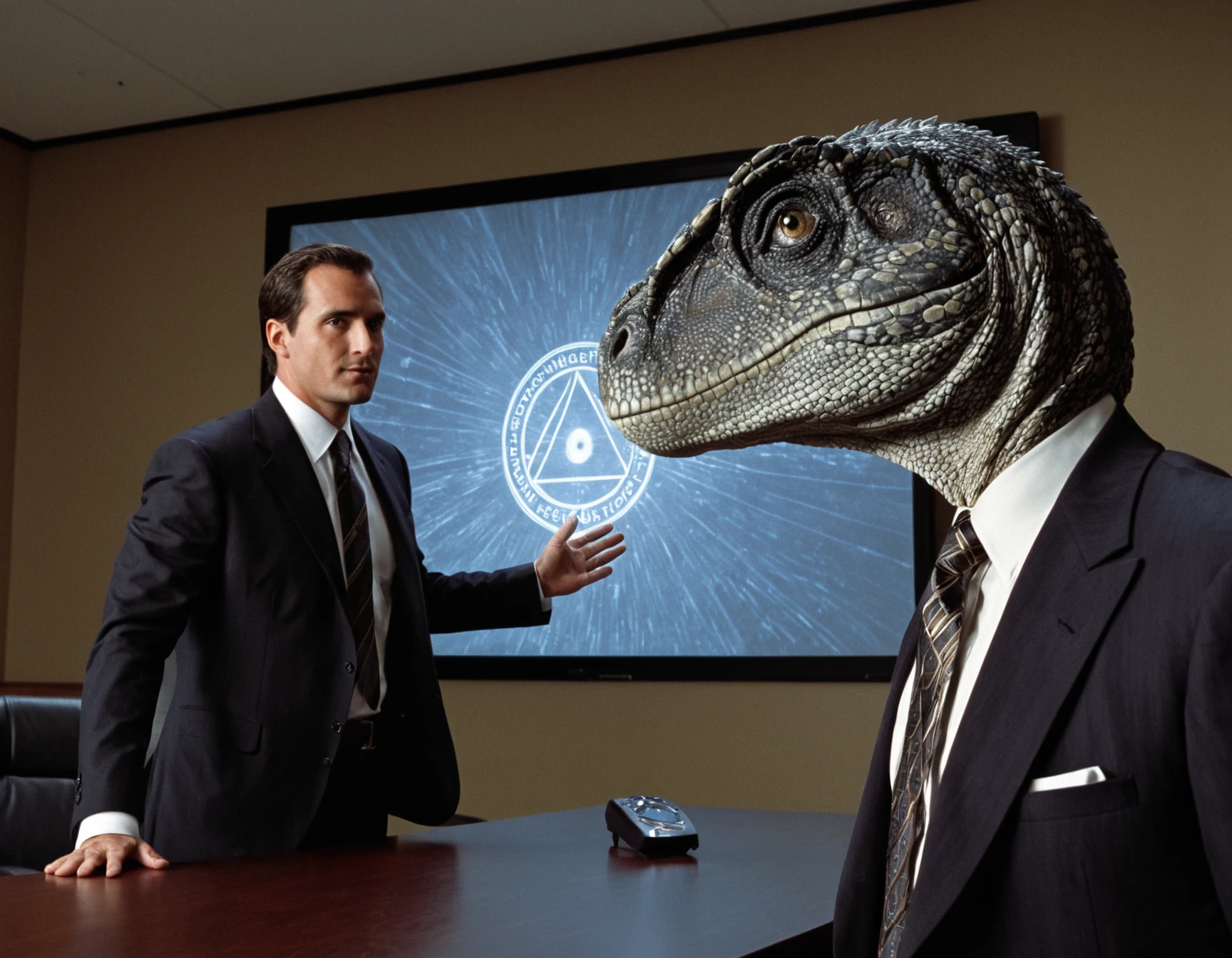 cinematic medium shot of a raptor dinosaur with suit and tie taling to a man with suit and tie in a conference room. An illuminati all seeing eye logo is projected onto a screen in the background using a video projector, photorealistic, sharp focus, very detailed skin texture <lora:Dinosaur_Practical_Effects-000004:1>