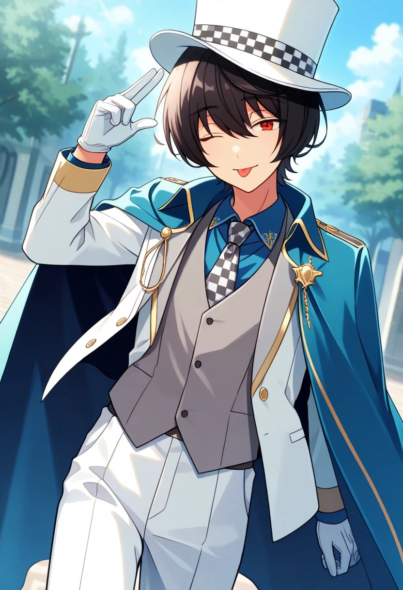 masterpiece, best quality, 
ritsusakuma, 1boy, male focus, solo red eyes, black hair, short hair, bangs, hair between eyes, hat, top hat, white headwear, shirt, blue shirt, collared shirt, necktie, checkered necktie, checkered clothes, vest, grey vest, jacket, white jacket, open jacket, open clothes, long sleeves, cape, blue cape, gloves, white gloves, pants, white pants,
outdoor, smile, one eye closed, tongue out