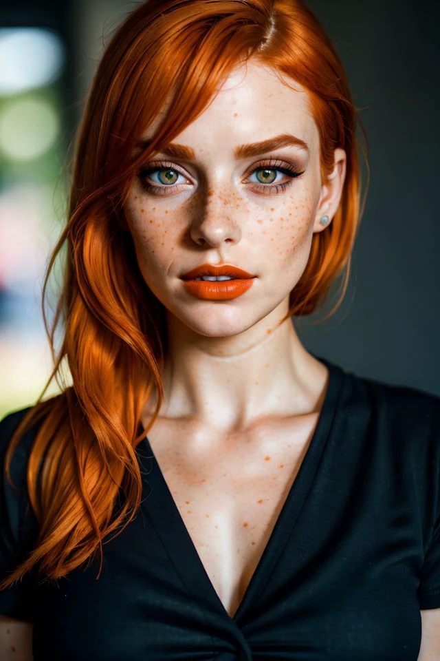 ((Portrait Photography)),(best quality, high quality, sharp focus:1.4), european beautiful woman, (orange hair:1.1), freckles, mode face, makeup, (light matt lipstick:1.1), look at the viewer, shirt, best quality, realistic , masterpiece, dark theme