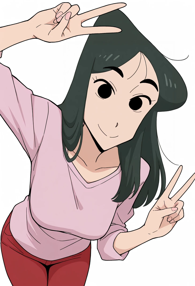 masterpiece, best quality, absurdres, highres, detailed background, 
 <lora:ume_matsuzaka_crayon_shin-chan:1> ume_matsuzaka, 1girl, black hair, black eyes, long hair,smile, pink shirt, red pants, looking at viewer,simple background, white background,  v sign,