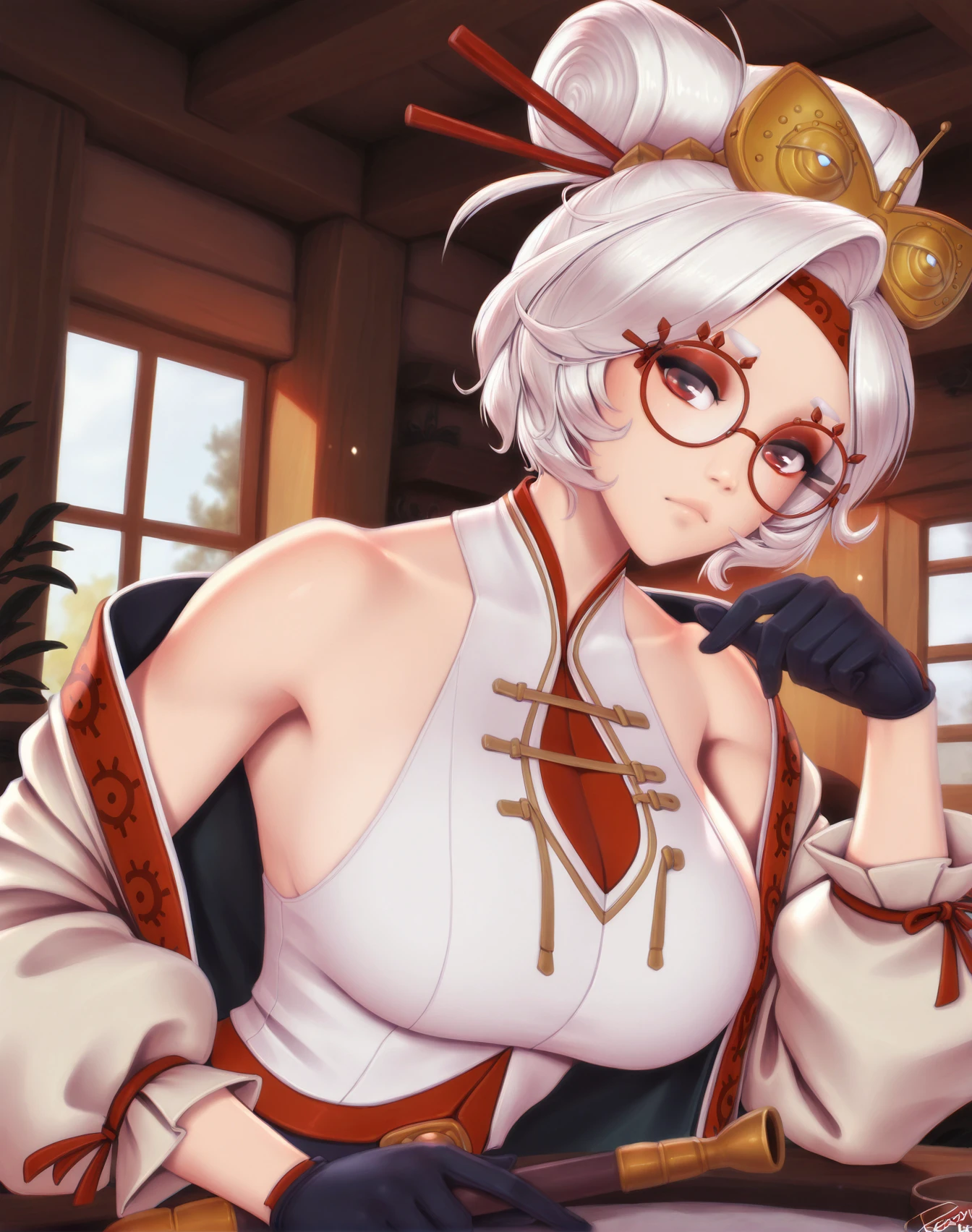 <lora:_Personalami_NAIXL-000025:1> art by Personalami, artist:Personalami, best quality, masterpiece, source_anime, purah, 1girl, solo, breasts, looking at viewer, short hair, large breasts, hair ornament, gloves, red eyes, holding, closed mouth, bare shoulders, white hair, grey hair, black gloves, glasses, indoors, off shoulder, hair bun, coat, makeup, headband, eyewear on head, eyeshadow, round eyewear, red-framed eyewear, hair stick, red eyeshadow, red headband, updo, holding smoking pipe, sheikah