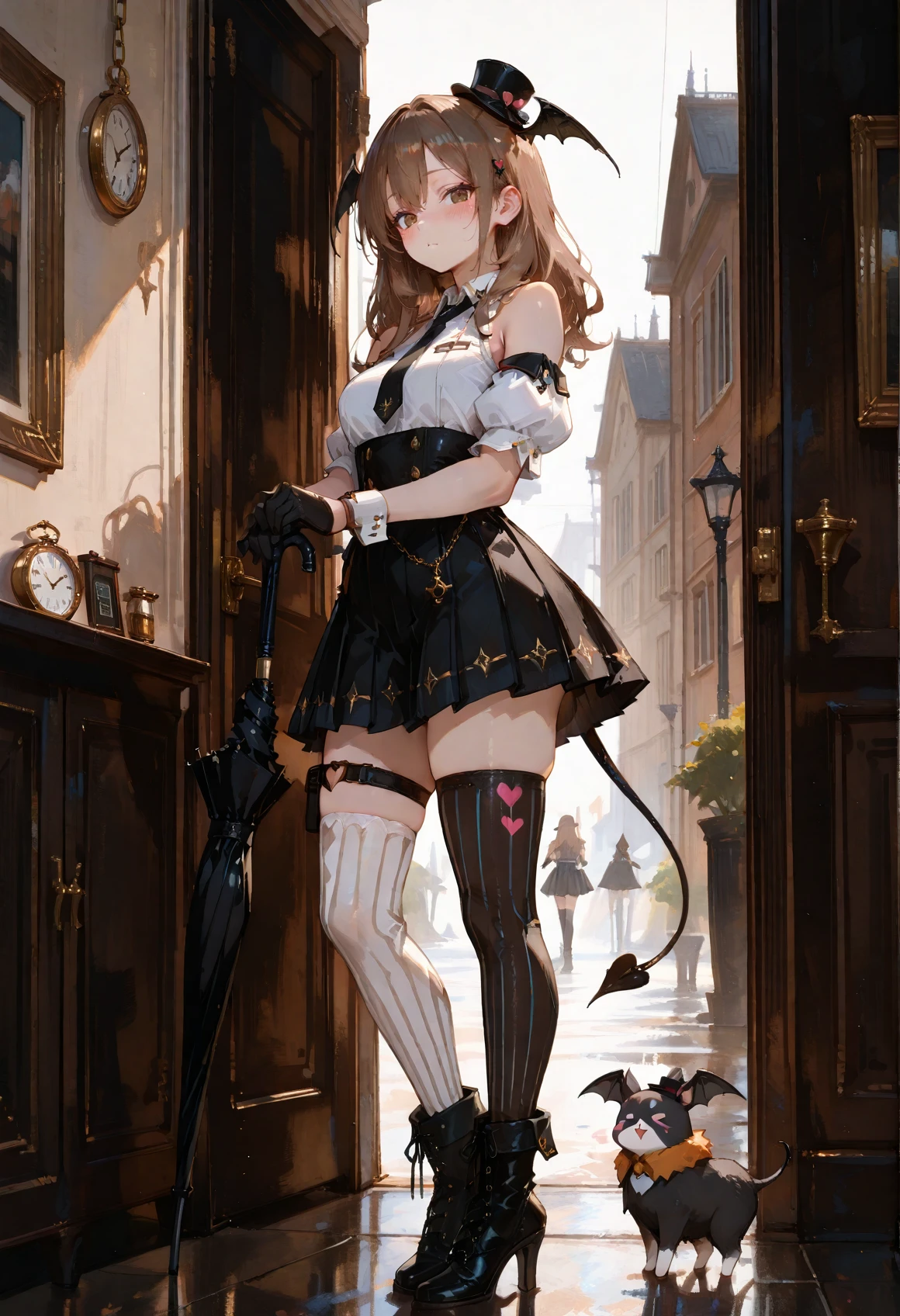 perfect quality,high quality,masterpiece,best quality,amazing quality,very aesthetic,Cinematic Lighting,newest,Tactical use of shadow,
MariyaMikhaylovna Cyql,1girl,solo,brown hair,long hair,hair ornament,brown eyes,
umbrella,gloves,thighhighs,striped thighhighs,striped clothes,top hat,vertical-striped clothes,black gloves,hat,vertical-striped thighhighs,skirt,full body,demon tail,cane,holding umbrella,half gloves,shirt,necktie,black skirt,boots,high heels,wings,chain,closed umbrella,puffy sleeves,asymmetrical legwear,looking at viewer,holding,breasts,head wings,mini top hat,black headwear,bat (animal),detached sleeves,white shirt,black footwear,heart,tail,sleeveless,pleated skirt,thigh strap,pocket watch,black umbrella,standing,mismatched legwear,bare shoulders,blush,>_<,watch,asymmetrical gloves,
748cmstyle,EtherStyle,masterpiece,best quality,very aesthetic,absurdres,<lora:96YOTTEA-WAI:0.3>,<lora:EtherSDXL:0.4>,<lora:illustrious_all_rated_v1:0.5>,<lora:spo_sdxl_10ep_4k-data_lora_webui:0.6>,<lora:ponyv5_noobV065S_1_adamW:0.7>,<lora:748cmSDXL:0.8>,<lora:Mariya Mikhaylovna_Illustrious by Cyql:1>,