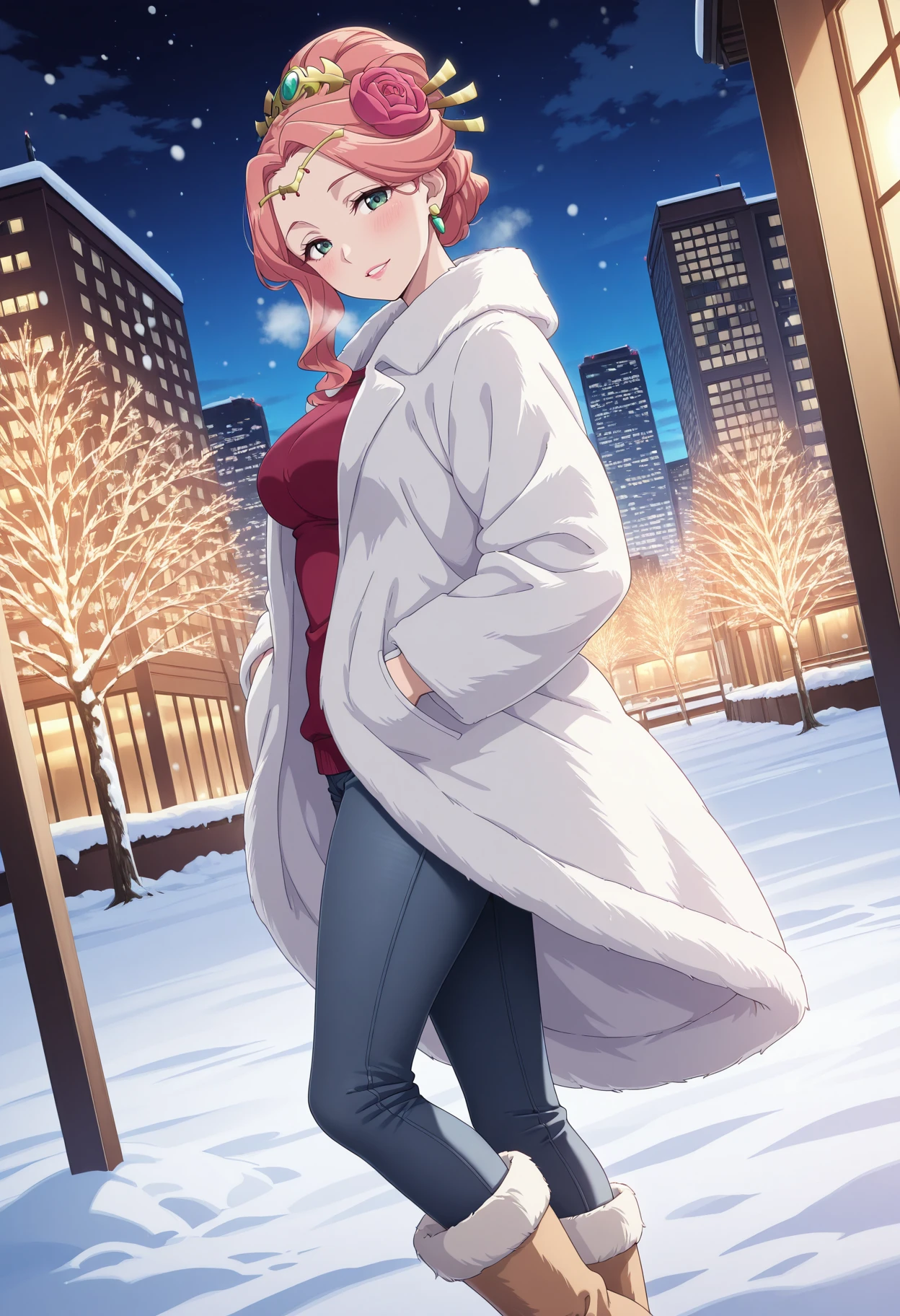 masterpiece, best quality, amazing quality, very aesthetic, intricate details, highly detailed background,<BREAK> 1girl, solo,
<lora:Gyokuyou_The_Apothecary_Diaries_IL_V1:1>, KJOgyokuyou, pink hair, green eyes, half updo, hair flower, hair ornament, single sidelock, pink lips, hair bun,
Fur coat, heavy coat, jeans, fur boots,
standing, light smile, teeth, hands in pockets, head tilt, blush, heavy breathing, dutch angle, from side, looking at viewer,
Night, city, winter, snow,
(Beautiful, medium Breasts:1.2), mature female,