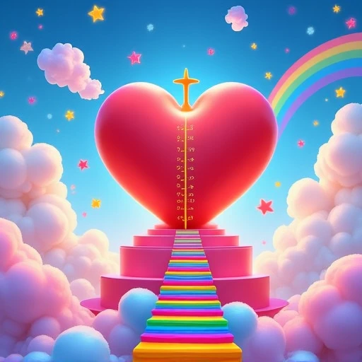 carebearland, a whimsical movie poster for a children's film , featuring a large red heart-shaped barometer atop a high pedestal. The scene is dreamlike, with fluffy clouds scattered across a bright sky, twinkling stars, and vibrant rainbows arcing gracefully. The atmosphere is enchanting, inviting children into a colorful fantasy world, digital art, vibrant colors, promoting positivity and joy, designed for a family audience.