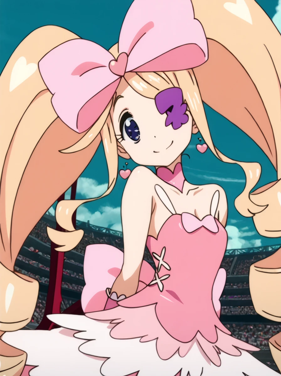 (masterpiece, best quality:1.2), <lora:klk_harime-10:1>, cowboy shot, solo, 1girl, harime nui, smile, big hair, drill hair, twin drills, hair bow, pink dress