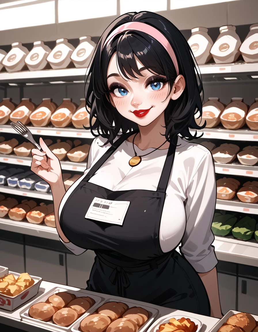 <lora:PonyXL - Mink - OC - Epoch 6:0.75> mink, 1girl, black hair, blue eyes, medium hair, pink hairband, lipstick, red lips, blush, makeup, black eyeshadow, breasts, large breasts, cashier, grocery store, fake smile, white shirt, black apron, black pants, nametag, warmly lit grocery store, impulse buy kiosk, conveyor belt,, source_cartoon, score_9, score_8_up, score_7_up, score_6_up,