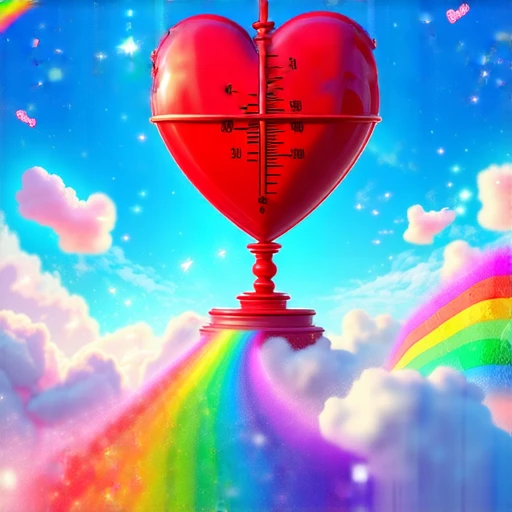 carebearland, a whimsical movie poster for a children's film , featuring a large red heart-shaped barometer atop a high pedestal. The scene is dreamlike, with fluffy clouds scattered across a bright sky, twinkling stars, and vibrant rainbows arcing gracefully. The atmosphere is enchanting, inviting children into a colorful fantasy world, digital art, vibrant colors, promoting positivity and joy, designed for a family audience.